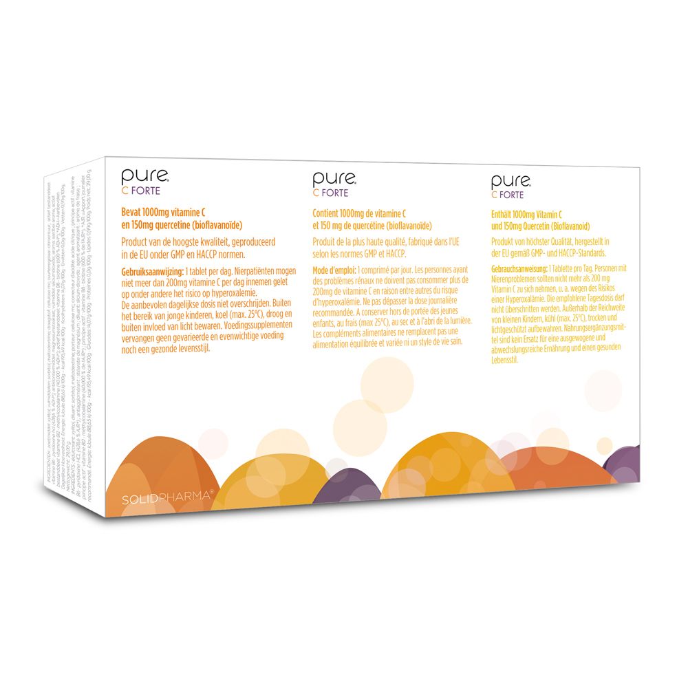 Dos de la boîte pure® C Forte. Texte en trois langues, cercles colorés.