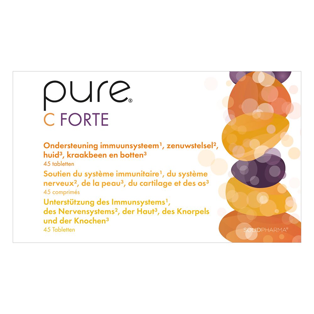 Dos de la boîte pure® C Forte. Texte en trois langues.