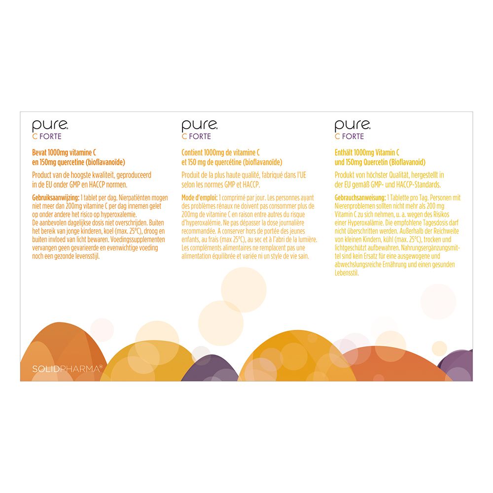 Deux boîtes pure® C Forte. Texte et flèches. Forte dose de vitamine C.