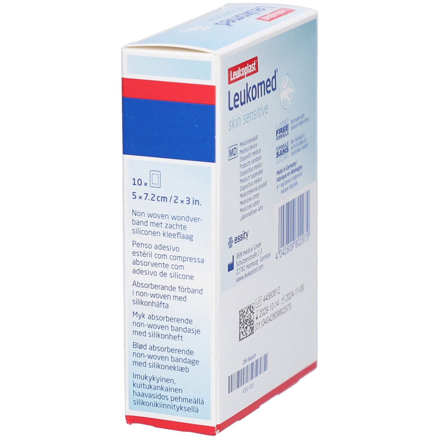 Vue latérale de l'emballage Leukomed Skin Sensitive. Informations sur le produit et coordonnées du fabricant.