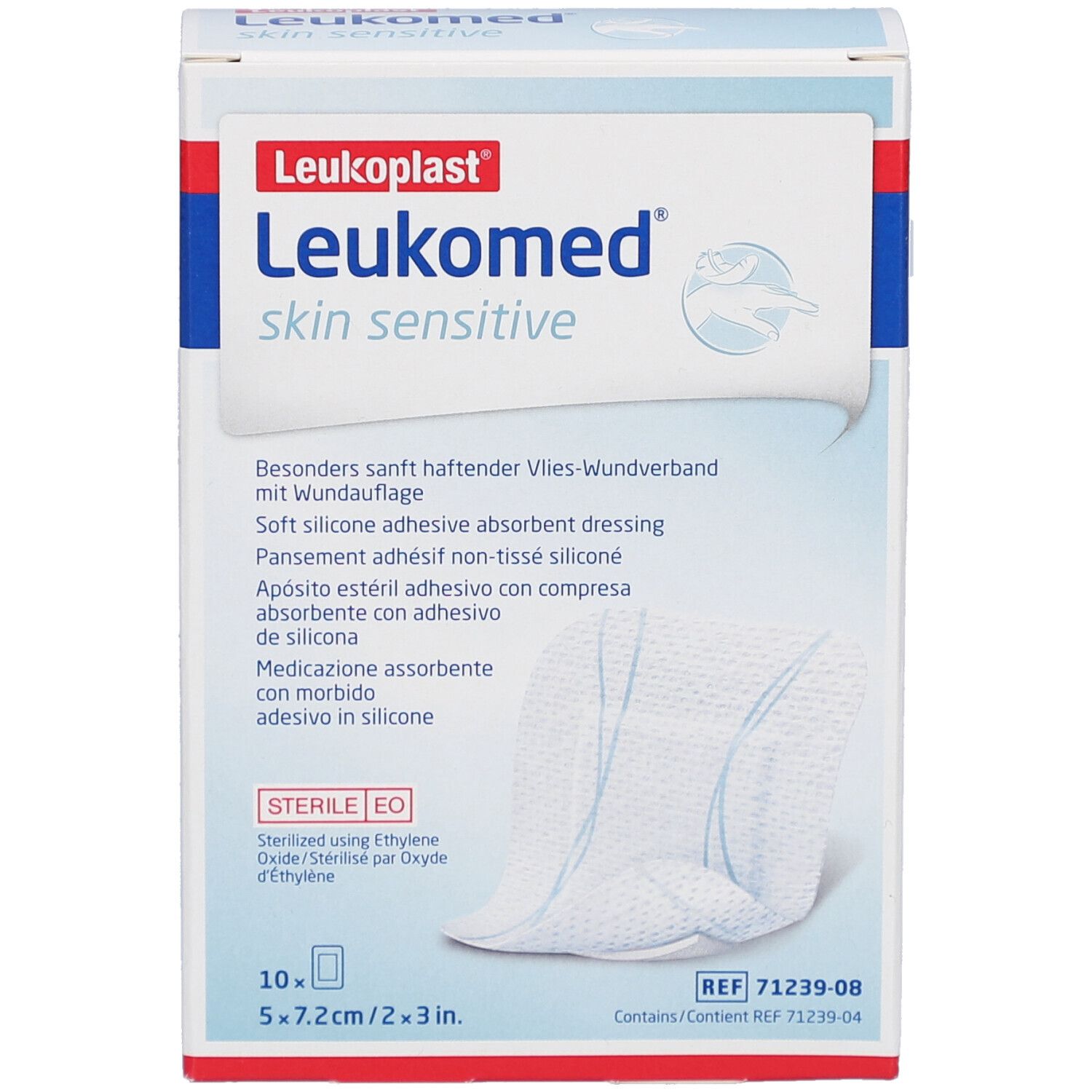 Emballage Leukomed Skin Sensitive. Contient 10 pansements stériles. Dimensions : 5x7,2cm.