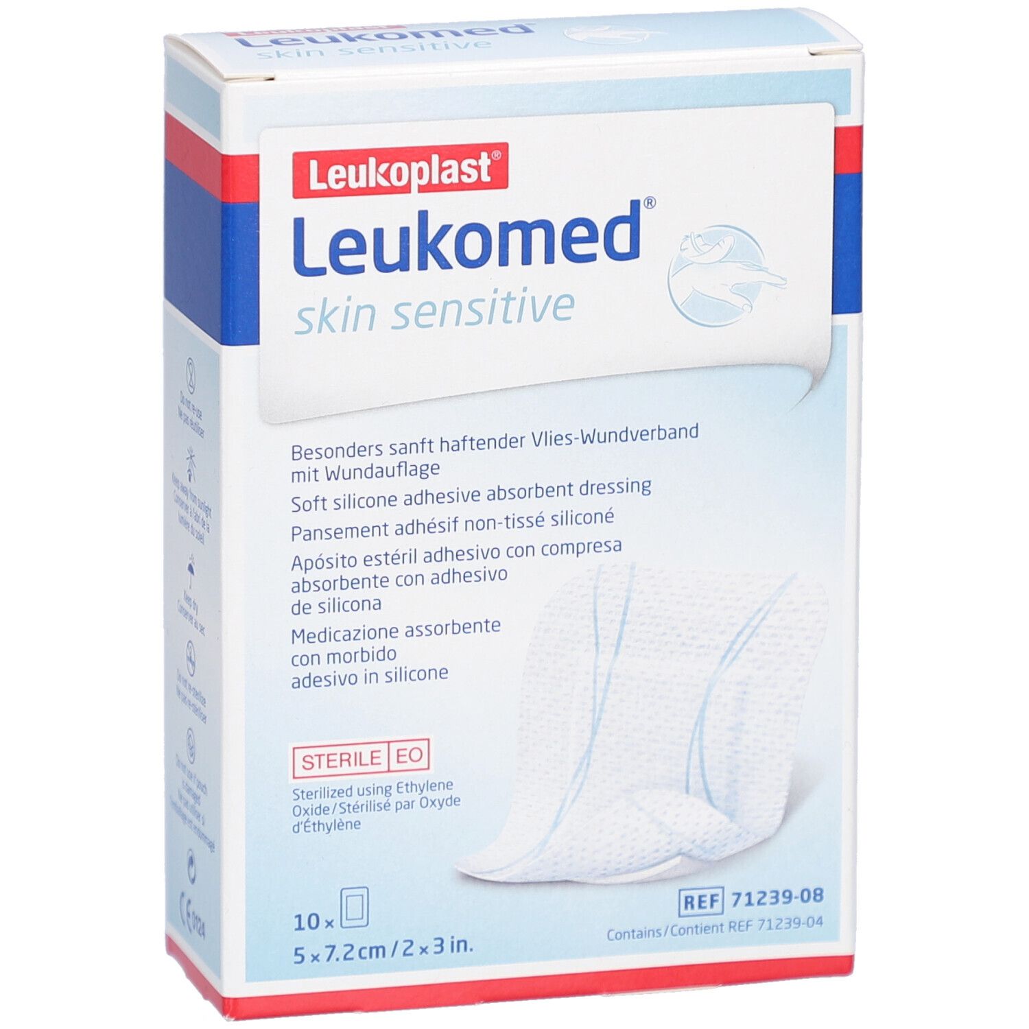 Emballage Leukomed Skin Sensitive. Contient 10 pansements stériles. Dimensions : 5x7,2cm.