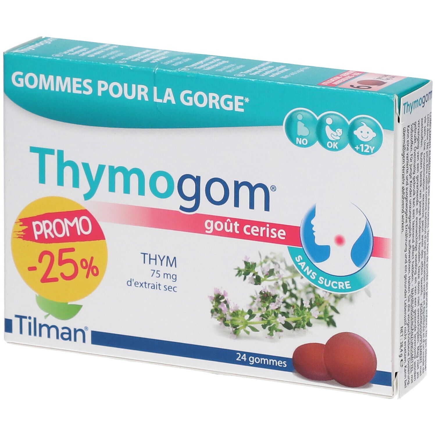 Boîte de gommes Thymogom. Inscription : Promo -25%. Contient 24 gommes. Goût cerise. Sans sucre. Marque Tilman.