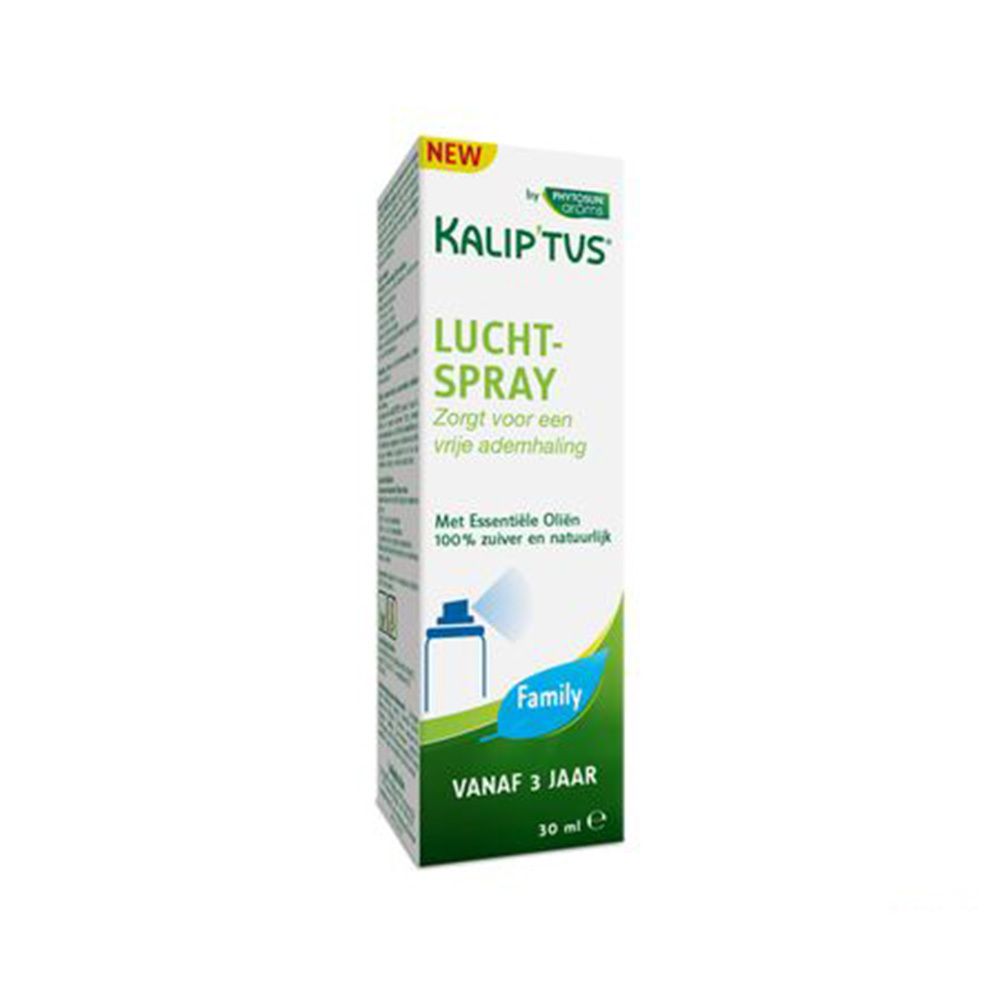 Emballage du produit. Inscription: KALIP'TUS, LUCHT-SPRAY, vanaf 3 jaar. Contient des huiles essentielles.