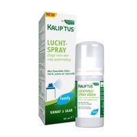 Produit et emballage. Flacon pulvérisateur blanc et boîte. Inscription: KALIP'TUS, LUCHT-SPRAY, vanaf 3 jaar.