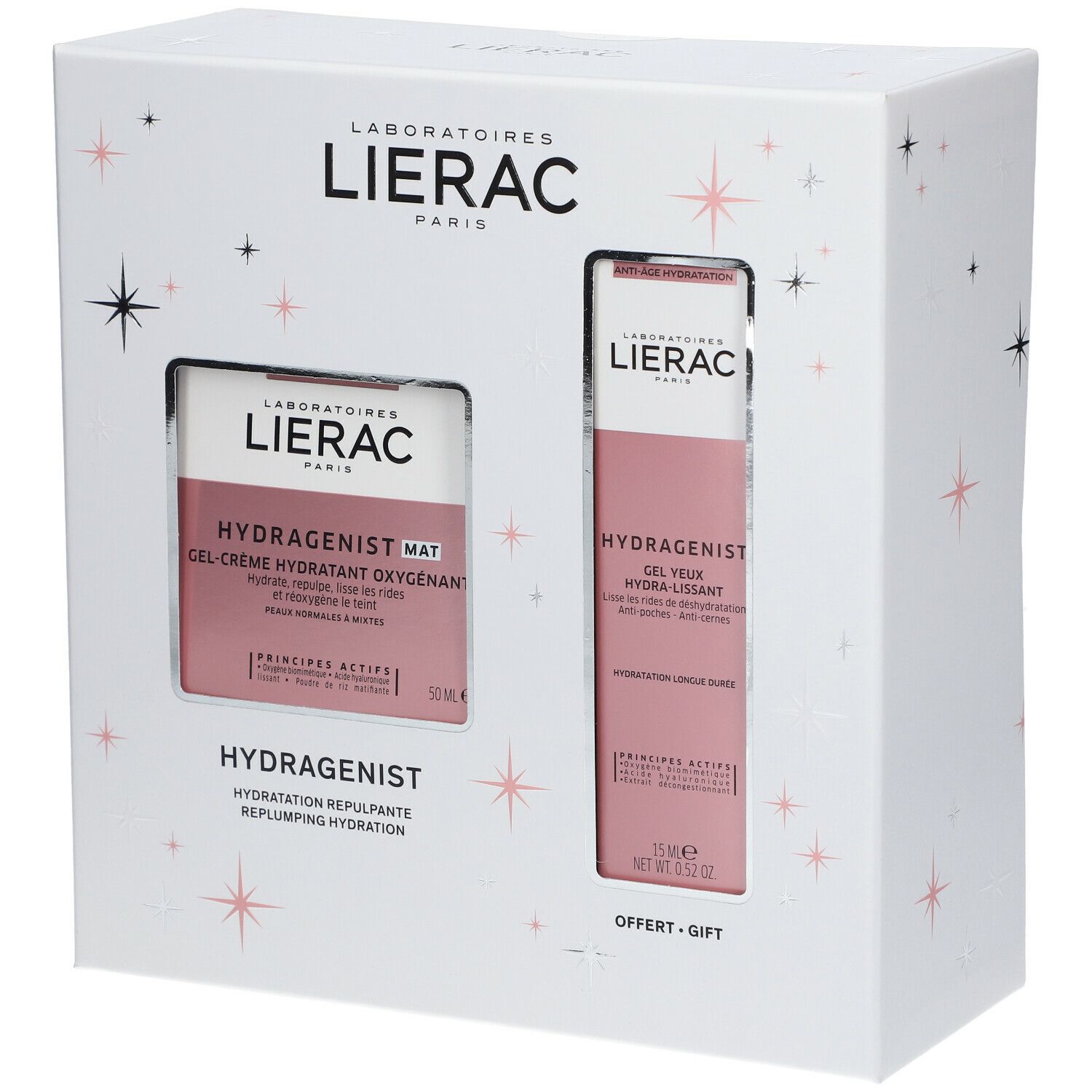 Coffret cadeau blanc avec étoiles. Contient une crème et un gel. Inscriptions: Lierac, Hydragenist. Présentation face avant.