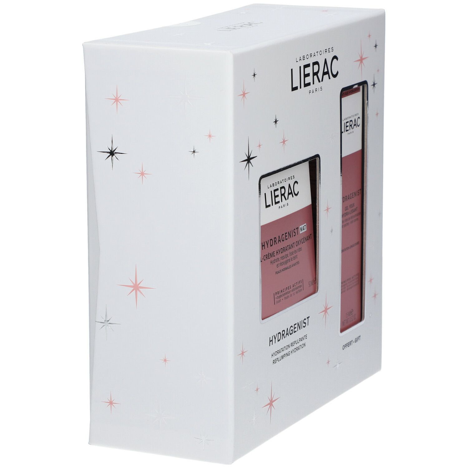 Coffret cadeau blanc avec étoiles. Contient crème et gel. Vue latérale. Inscriptions: Lierac, Hydragenist.