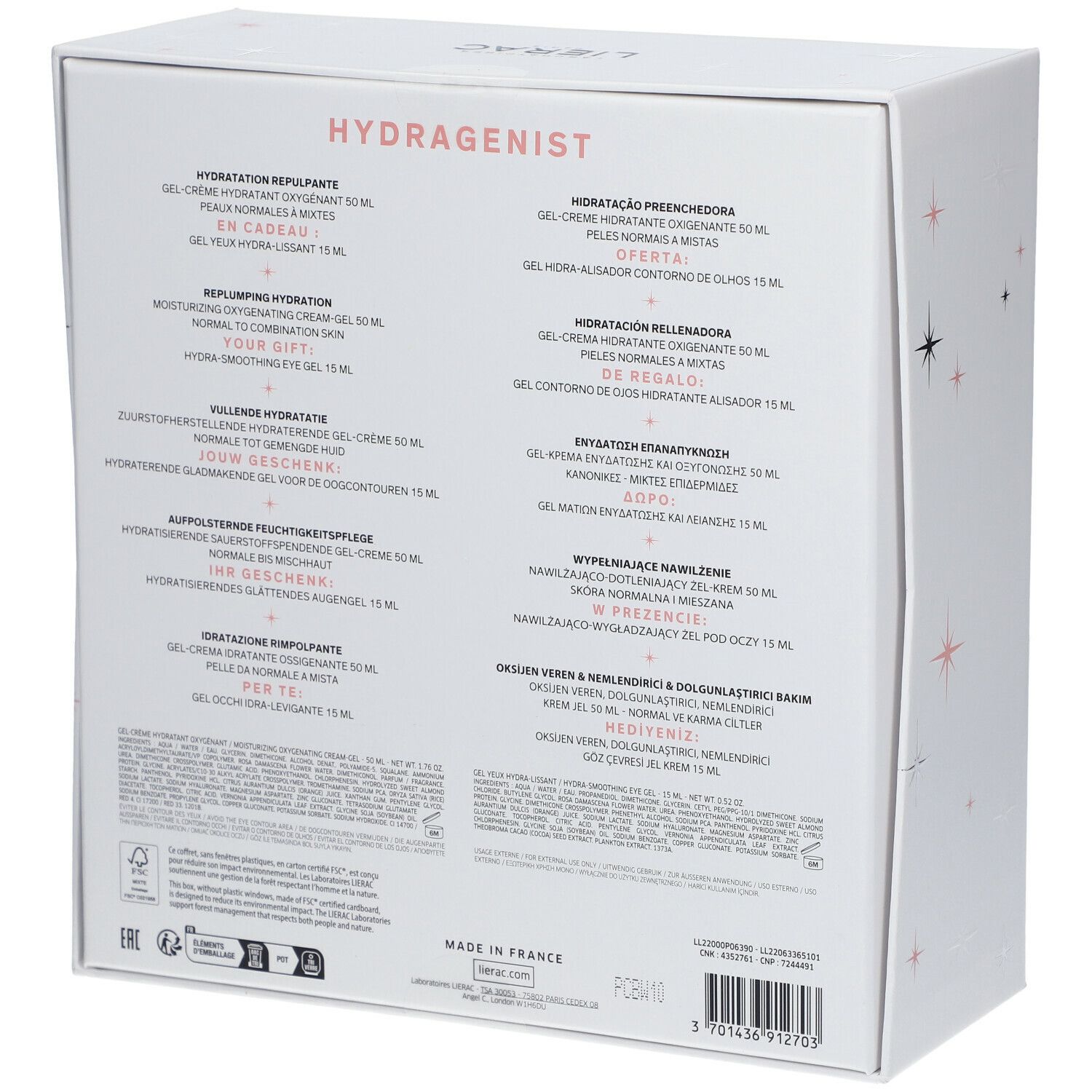 Dos du coffret cadeau. Texte multilingue: Hydragenist, descriptions, ingrédients. Fabriqué en France.
