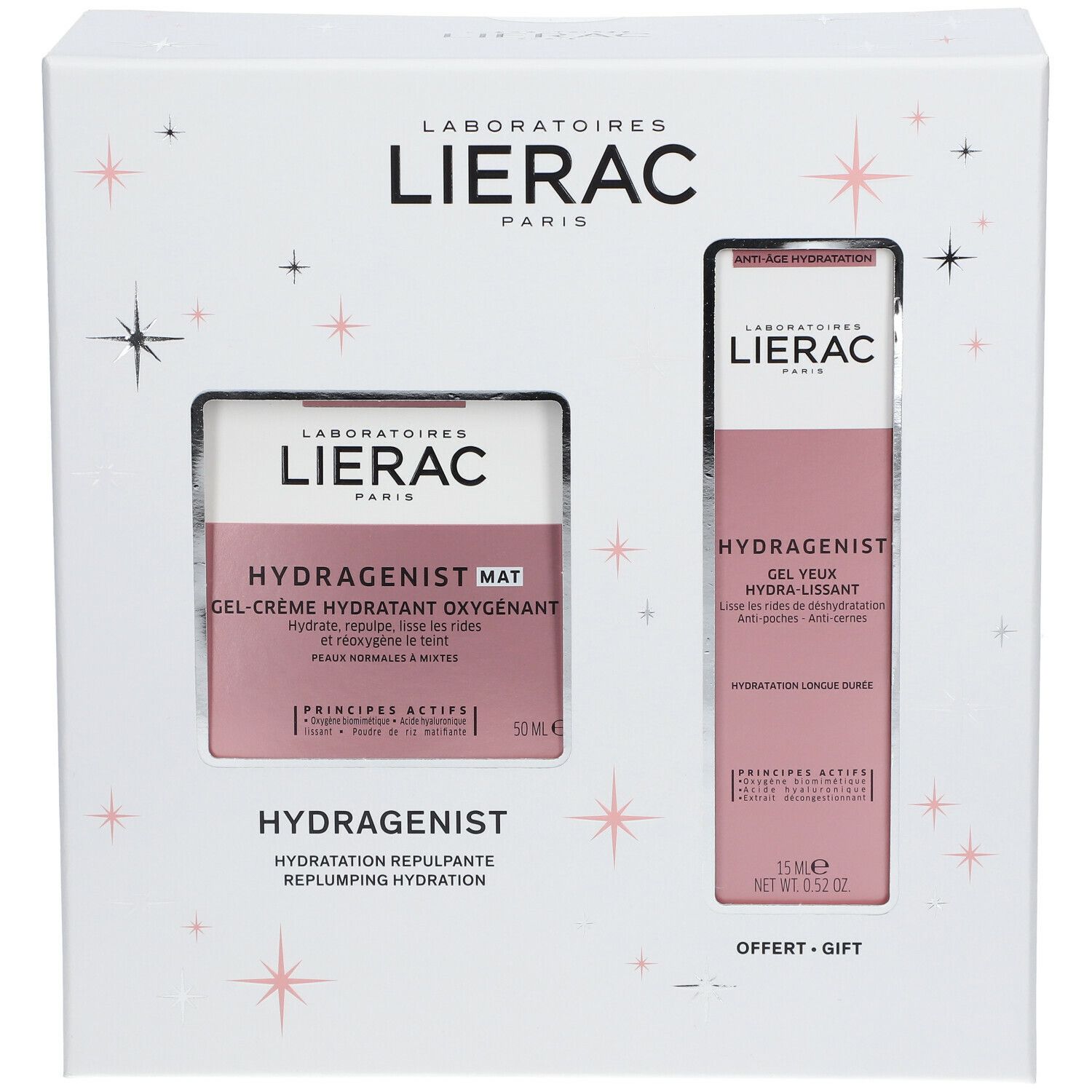 Coffret cadeau avec crème et gel yeux. Boîte blanche avec étoiles. Inscriptions: Lierac, Hydragenist, Gel-Crème, yeux.