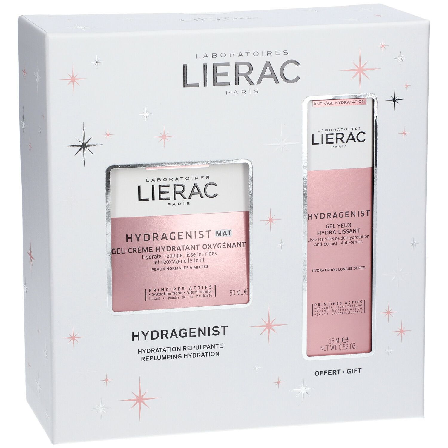 Coffret cadeau avec crème et gel yeux. Boîte blanche avec étoiles. Inscriptions: Lierac, Hydragenist, Gel-Crème, yeux.