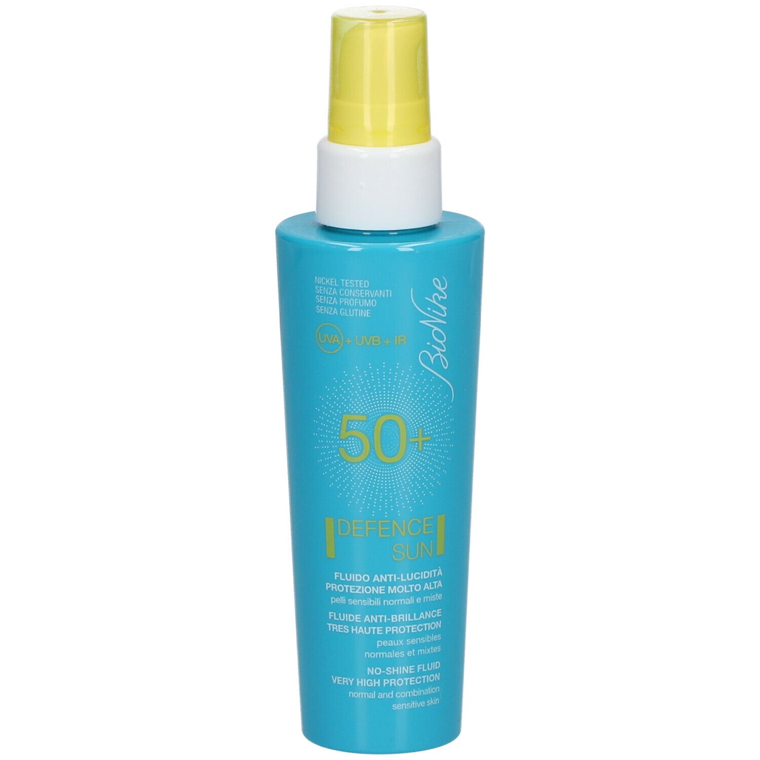 Flacon bleu turquoise avec vaporisateur jaune. Inscriptions : Bionike, 50+, Defence Sun, Fluide Anti-Brillance.