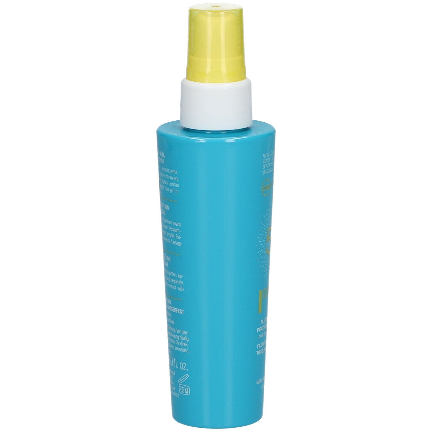 Flacon bleu turquoise avec vaporisateur jaune. Texte multilingue au dos.