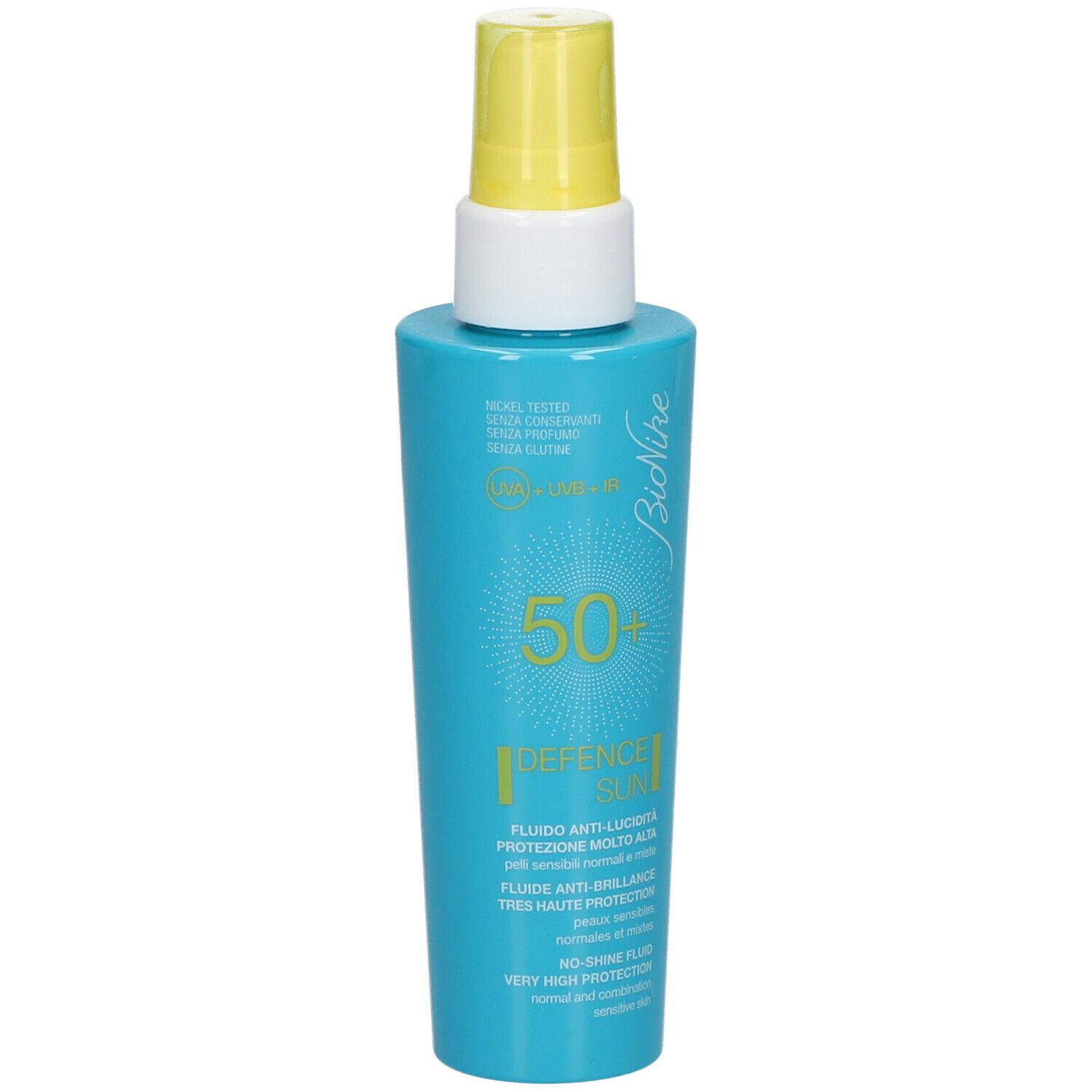 Flacon bleu turquoise avec vaporisateur jaune. Inscriptions : Bionike, 50+, Defence Sun, Fluide Anti-Brillance.