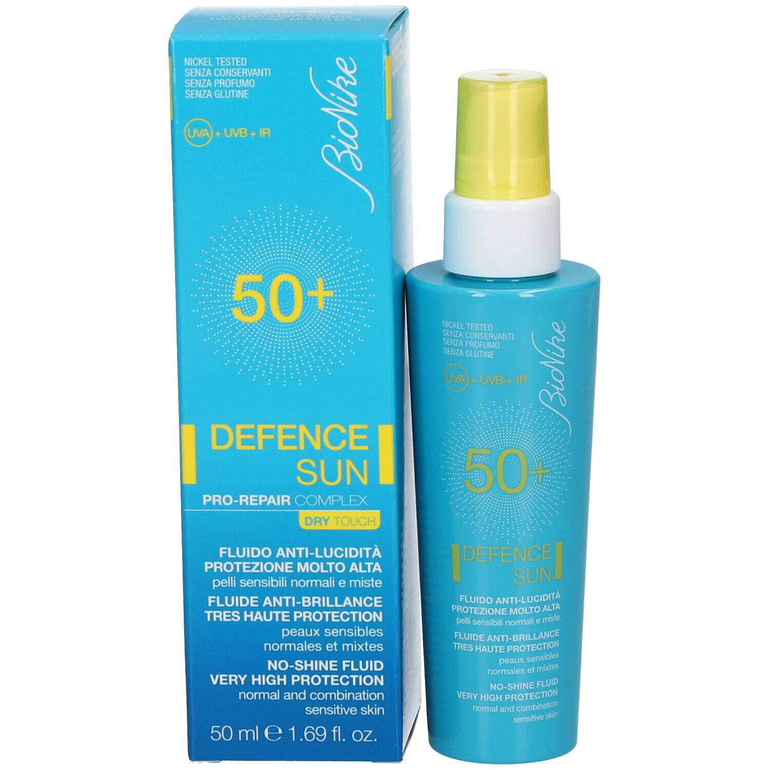 Produit avec emballage. Flacon et boîte bleu turquoise. Inscriptions : Bionike, 50+, Defence Sun.