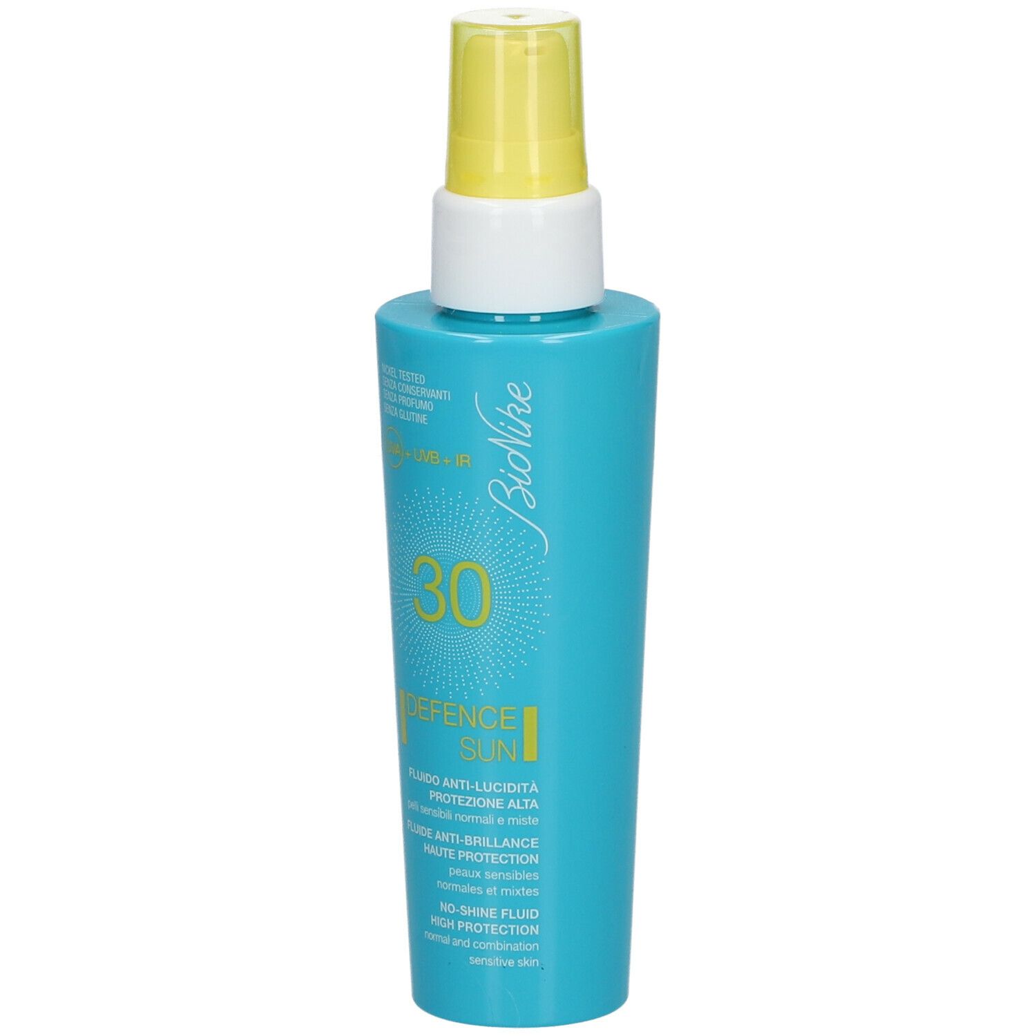 Flacon bleu turquoise avec vaporisateur jaune. Inscription : BioNike, SPF 30, DEFENCE SUN, fluide anti-brillance.