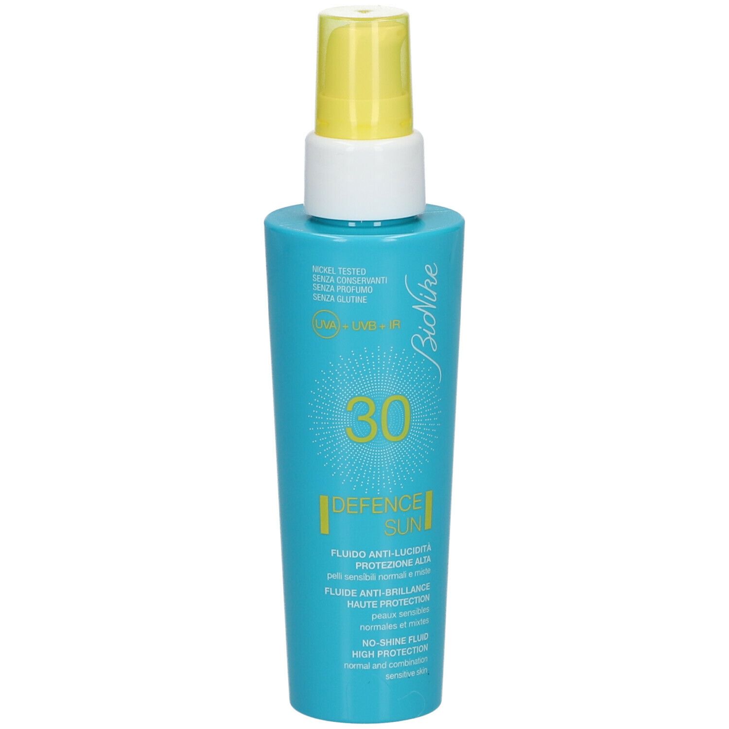 Flacon bleu turquoise avec vaporisateur jaune. Inscription : BioNike, SPF 30, DEFENCE SUN, fluide anti-brillance.