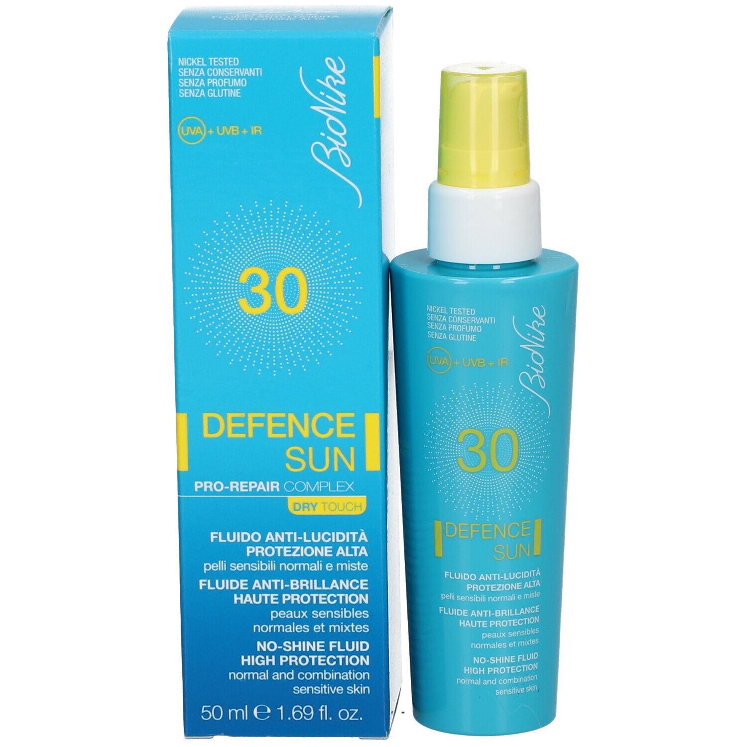 Flacon et emballage du produit. Bleu turquoise, jaune et blanc. Inscription : BioNike, SPF 30, DEFENCE SUN, fluide anti-brillance.