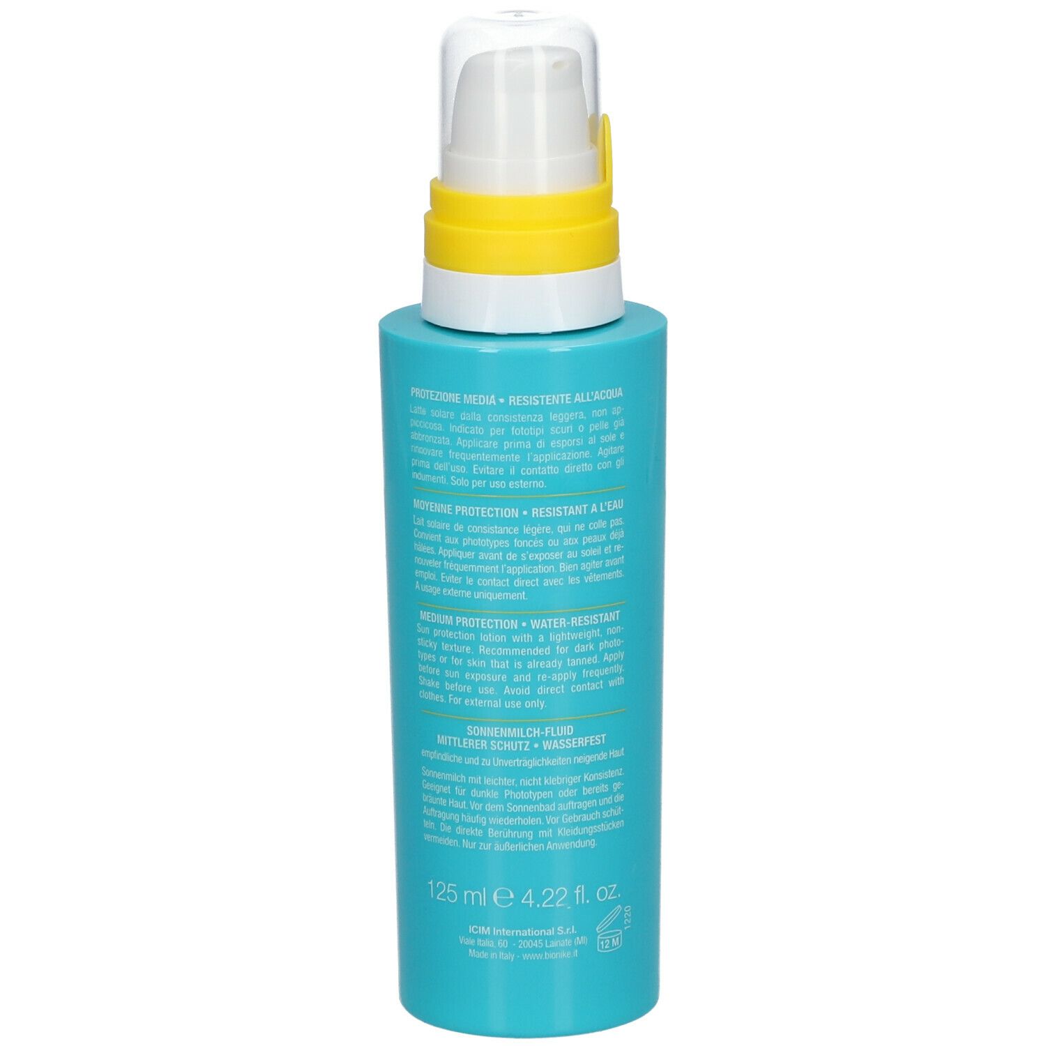 Flacon bleu turquoise avec pompe jaune. Texte au dos. Volume: 125 ml.