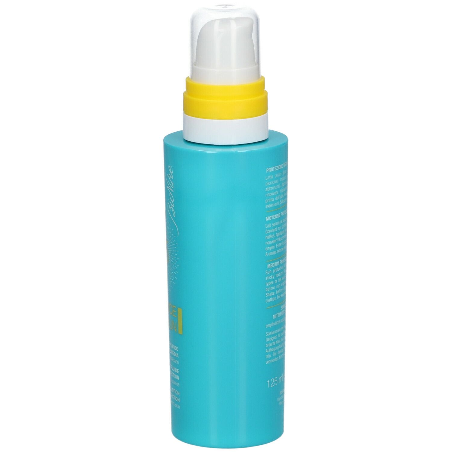 Flacon bleu turquoise avec pompe jaune. Inscriptions et texte sur le côté. Volume: 125 ml.