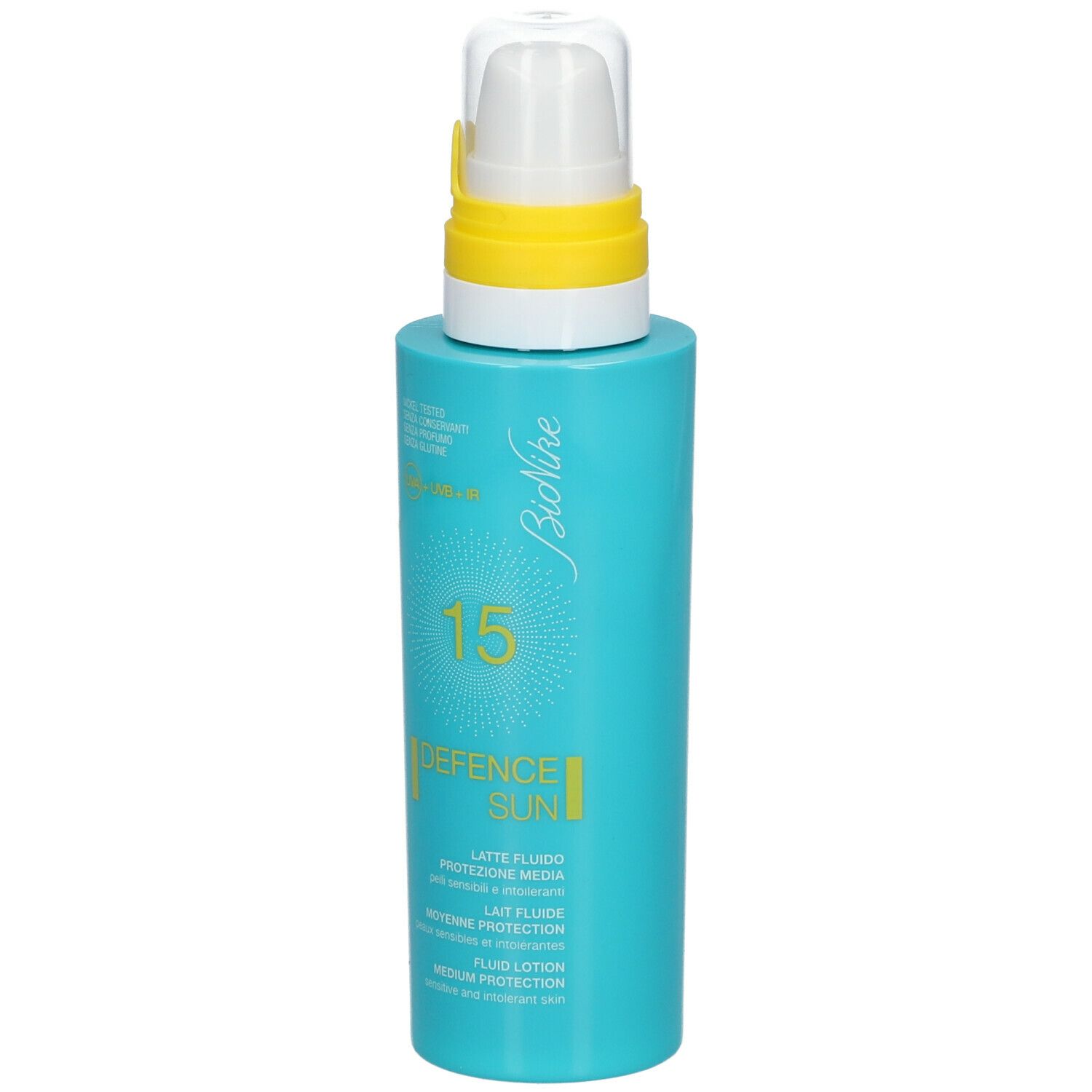 Flacon bleu turquoise avec pompe jaune. Inscription: 15, DEFENCE SUN, Lait Fluide, Protection Moyenne, Fluid Lotion.