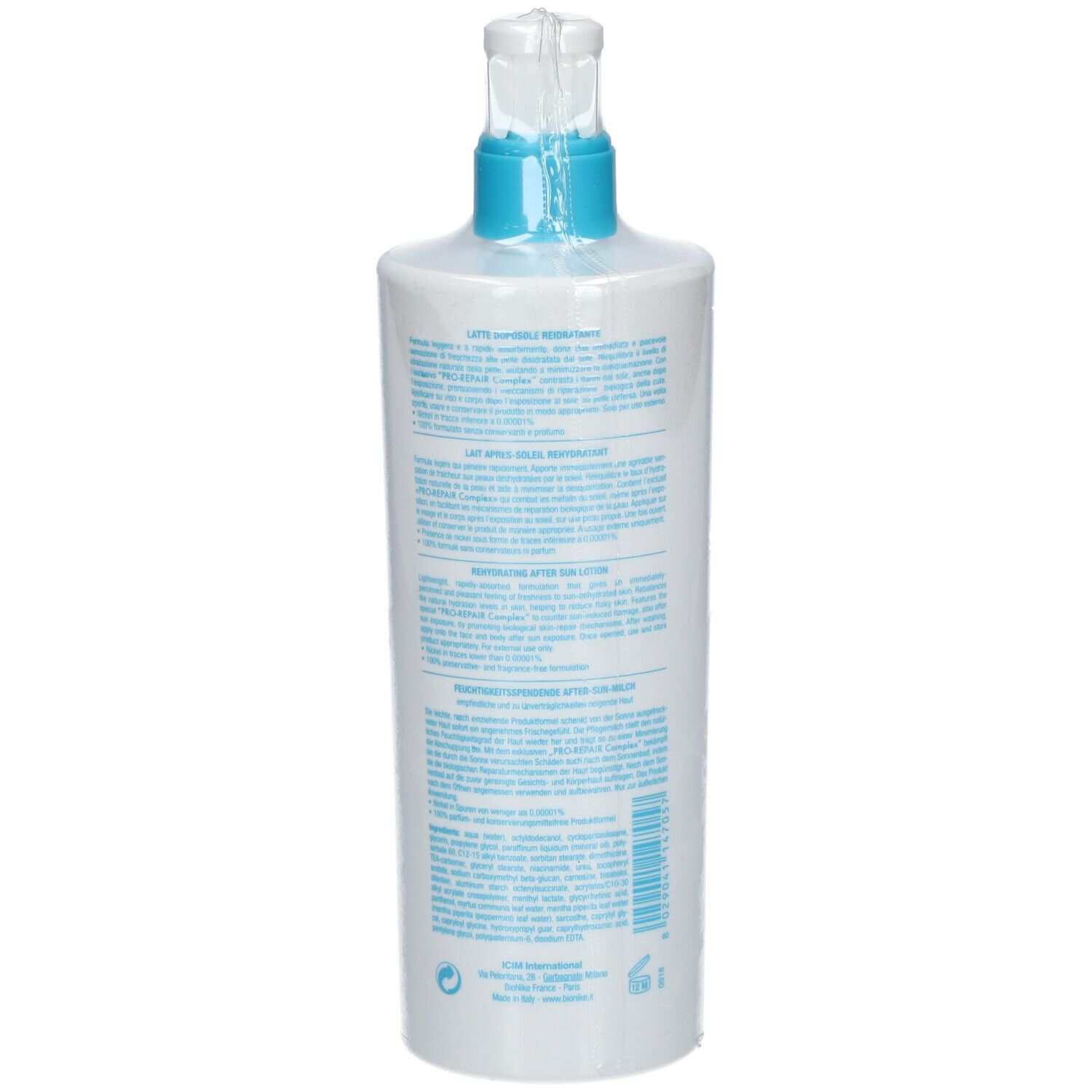 Flacon blanc avec texte. Dos avec informations sur le produit. Marque BioNike. Emballage.