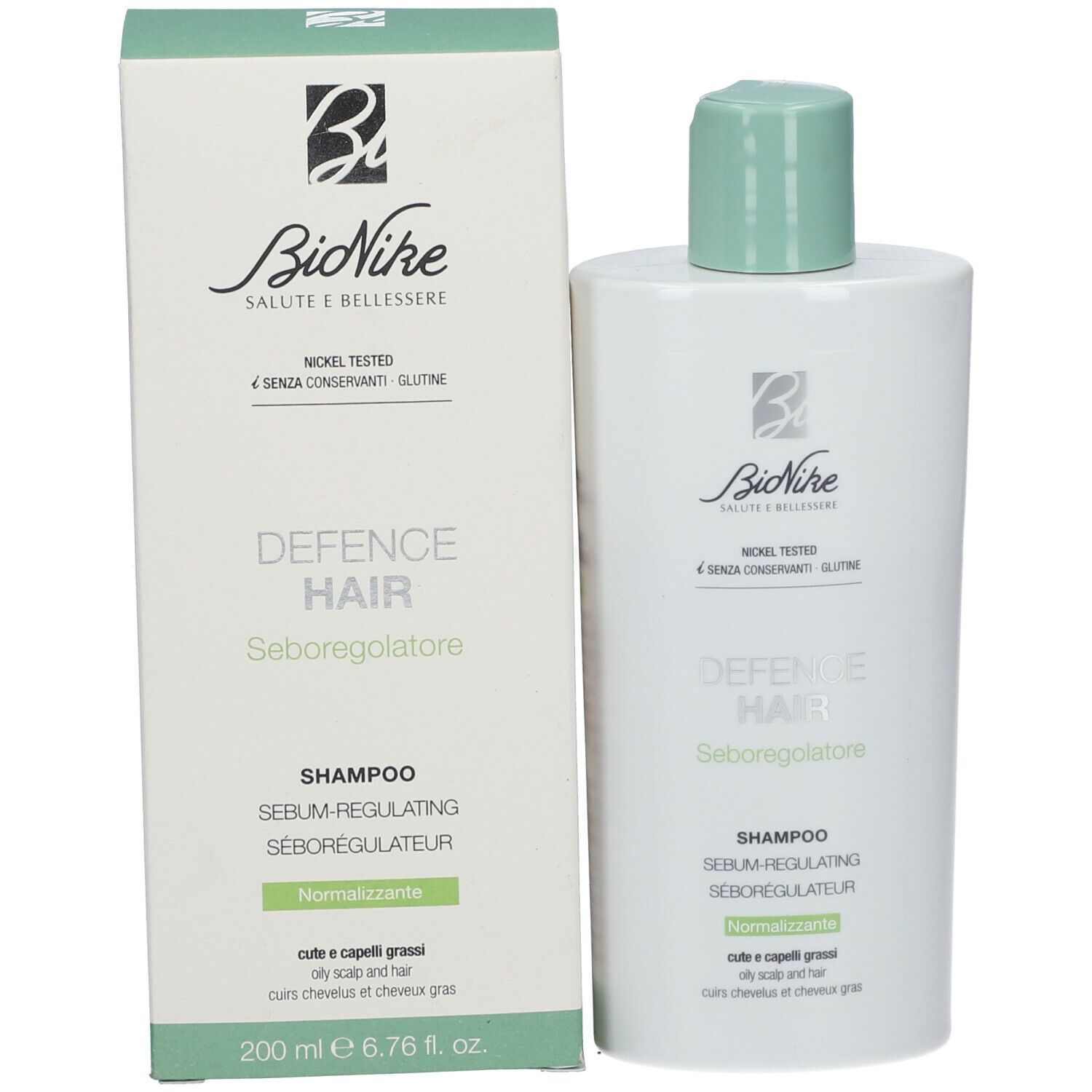 Shampooing BioNike Defence Hair et emballage. Blanc avec des accents verts. Nom du produit et logo visibles.