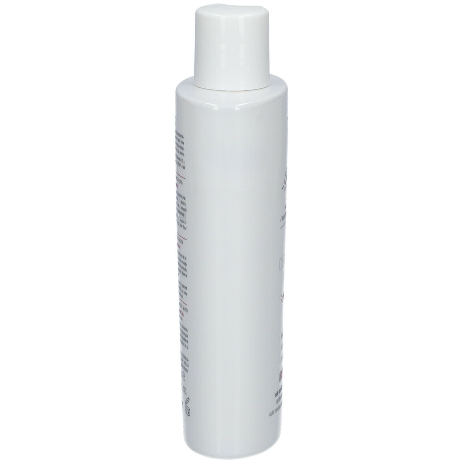 Flacon de shampooing blanc. Vue latérale. Texte sur le flacon.