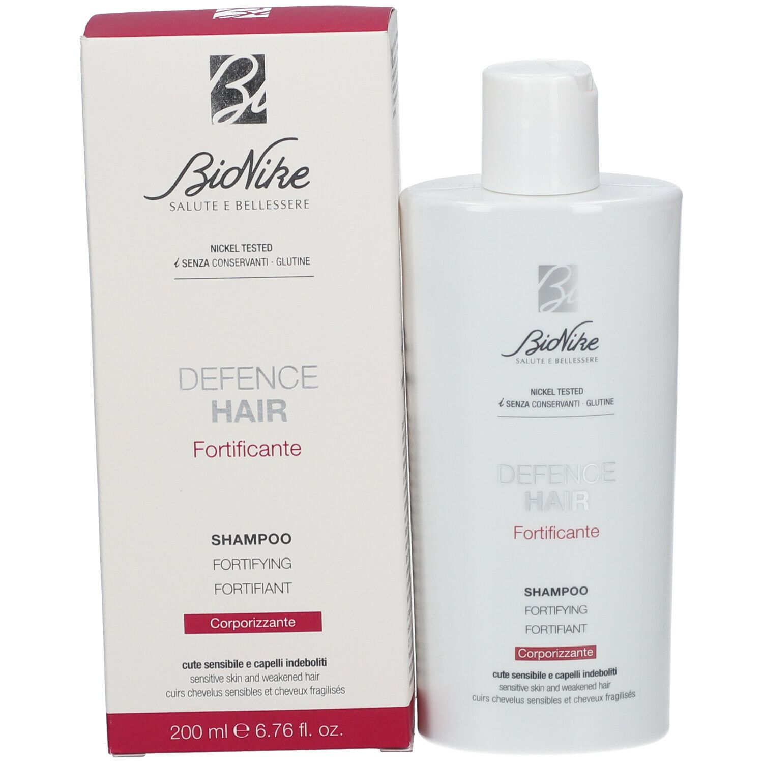 Flacon et boîte de shampooing BioNike. Inscriptions: DEFENCE HAIR Fortificante. 200 ml.