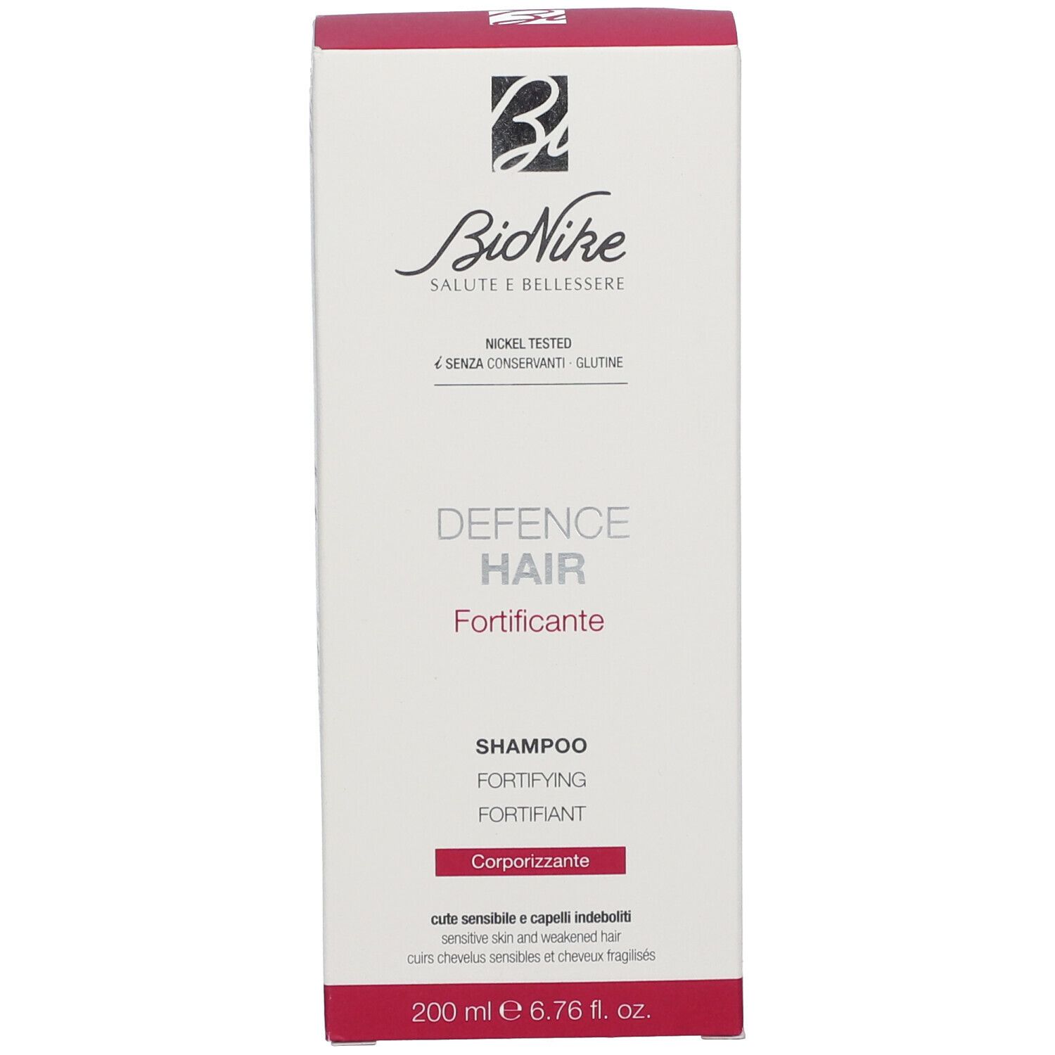 Boîte rouge et blanche. Inscriptions: BioNike, DEFENCE HAIR Fortificante. 200 ml.