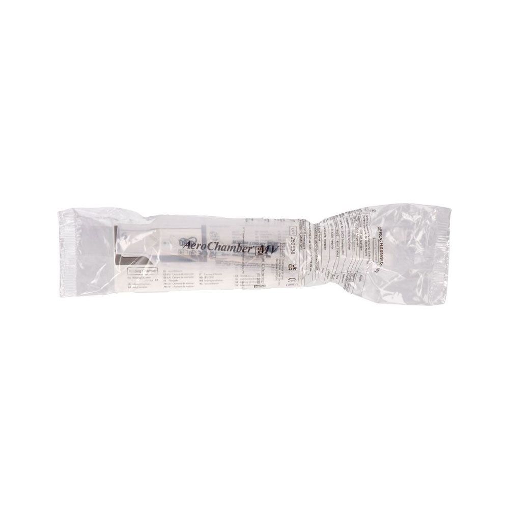 AeroChamber MV, emballé dans un film plastique. Inscription: AeroChamber MV. Produit visible dans le film.