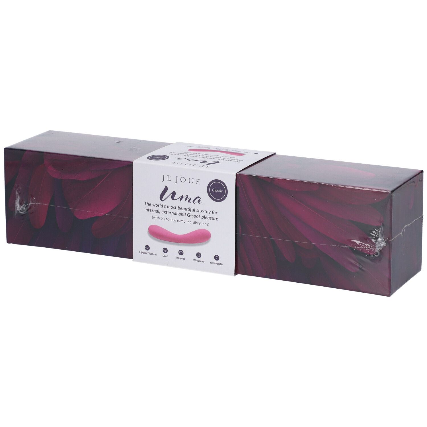 Emballage du vibrateur Je Joue Uma. Boîte rectangulaire avec image du produit et nom de la marque.