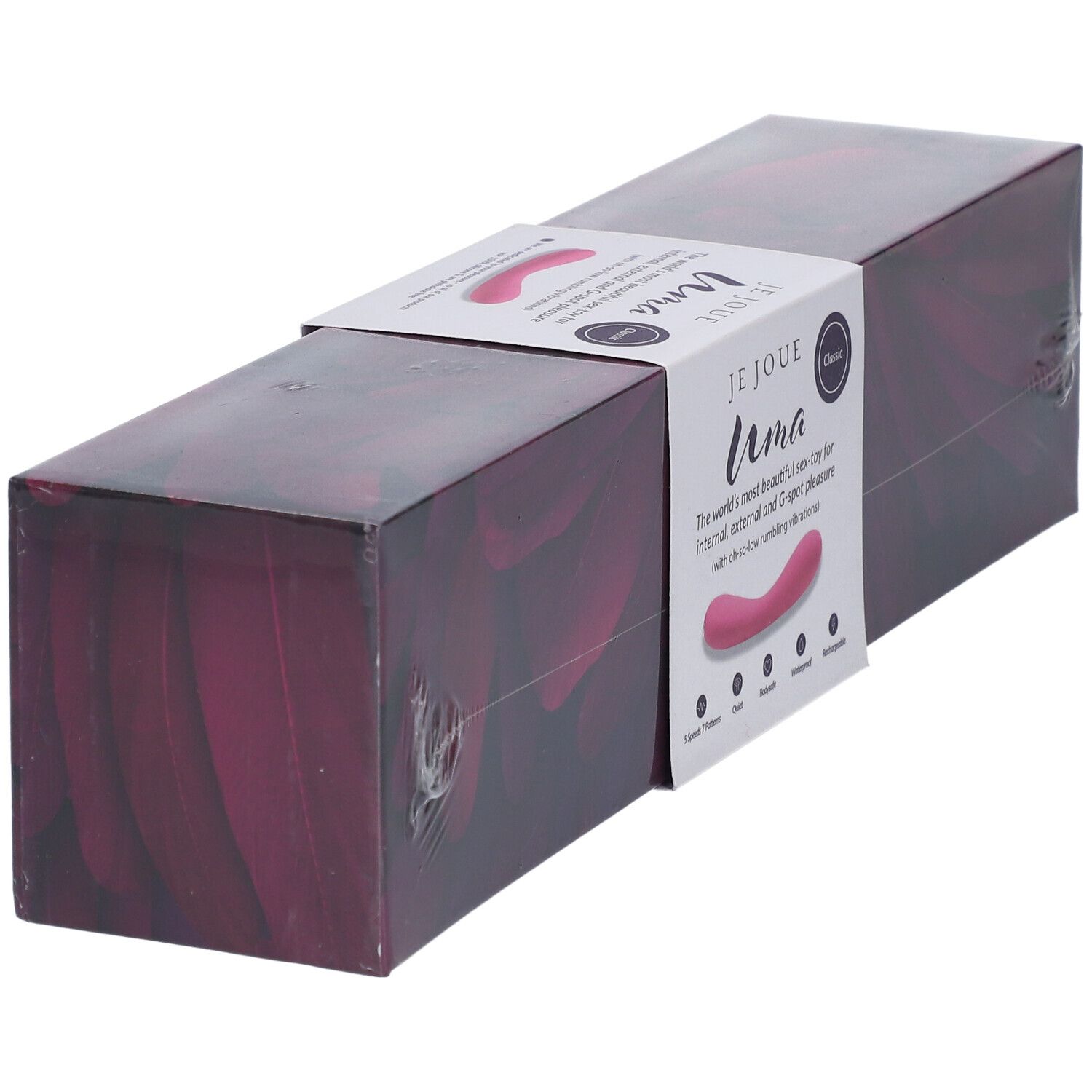 Emballage du vibrateur Je Joue Uma. Boîte avec image du produit et nom de la marque.