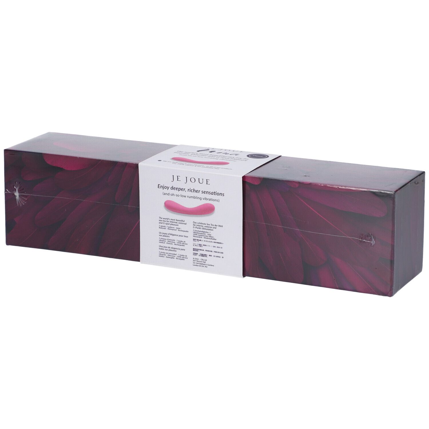 Emballage du vibrateur Je Joue Uma. Boîte rectangulaire avec image du produit et nom de la marque.