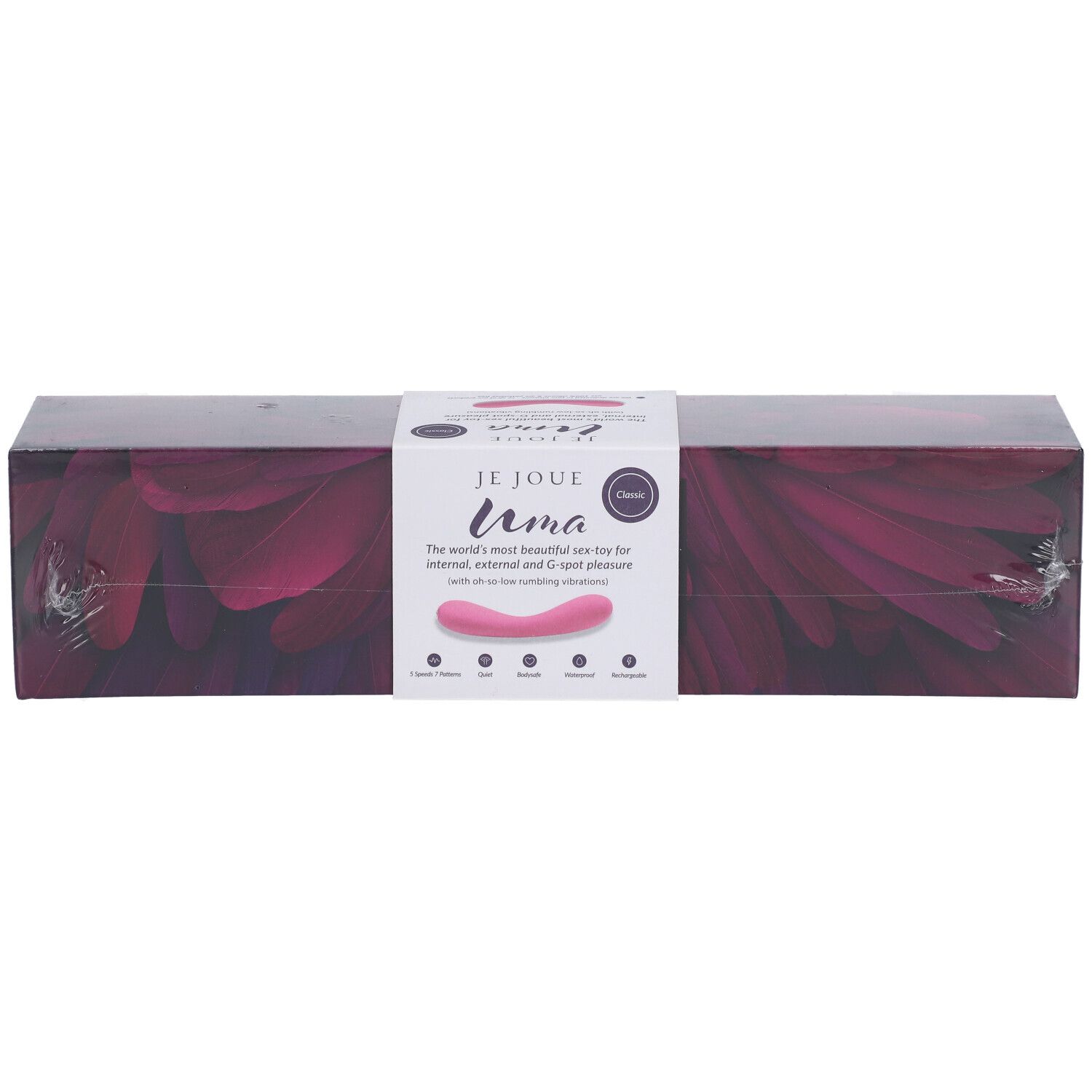 Emballage du vibrateur Je Joue Uma. Boîte rectangulaire avec image du produit et nom de la marque.