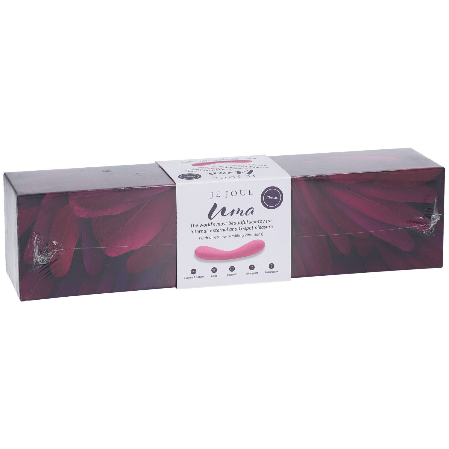 Emballage du vibrateur Je Joue Uma. Boîte rectangulaire avec image du produit et nom de la marque.