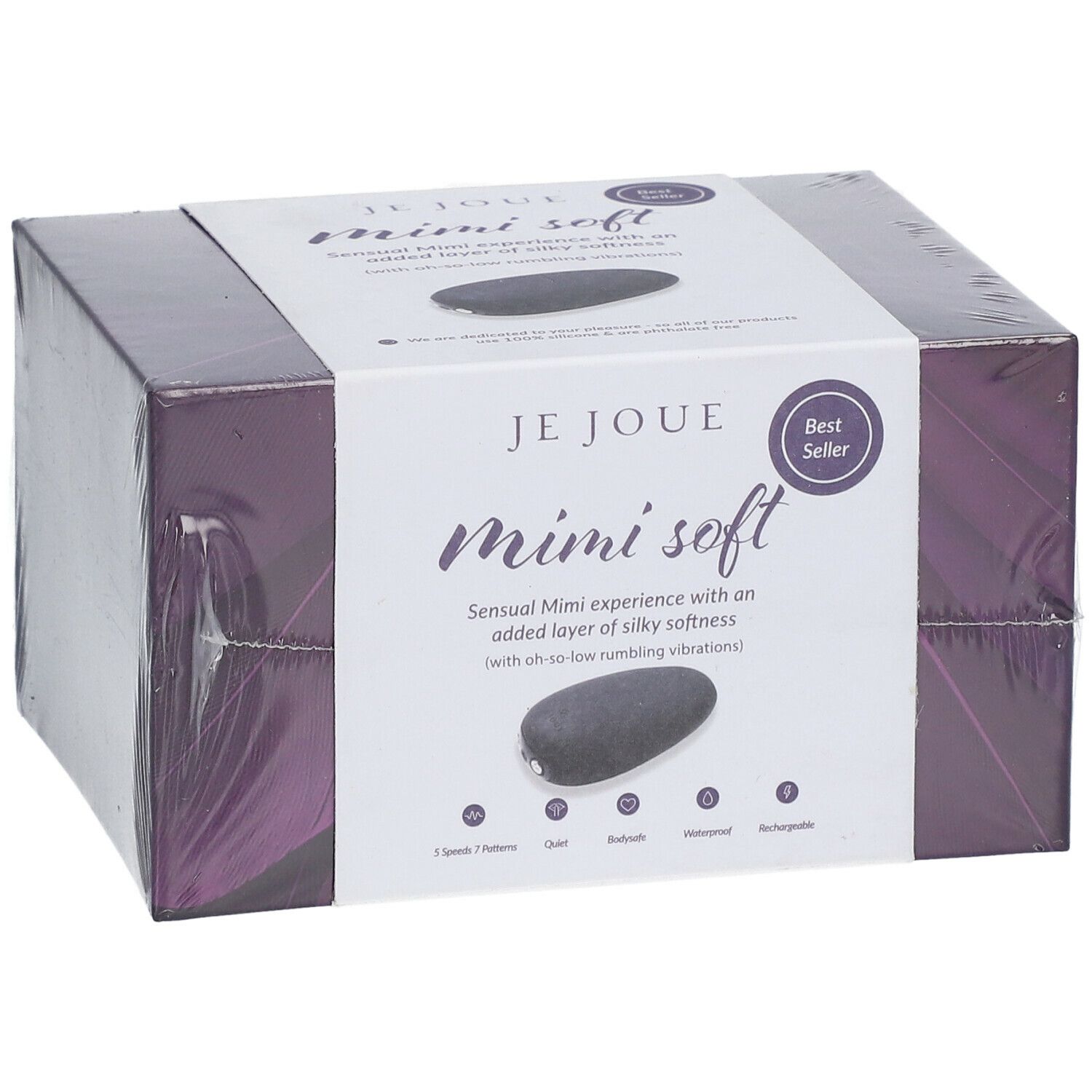 Emballage du produit. Inscription: Je Joue Mimi soft. Produit noir représenté. Autocollant Best Seller.