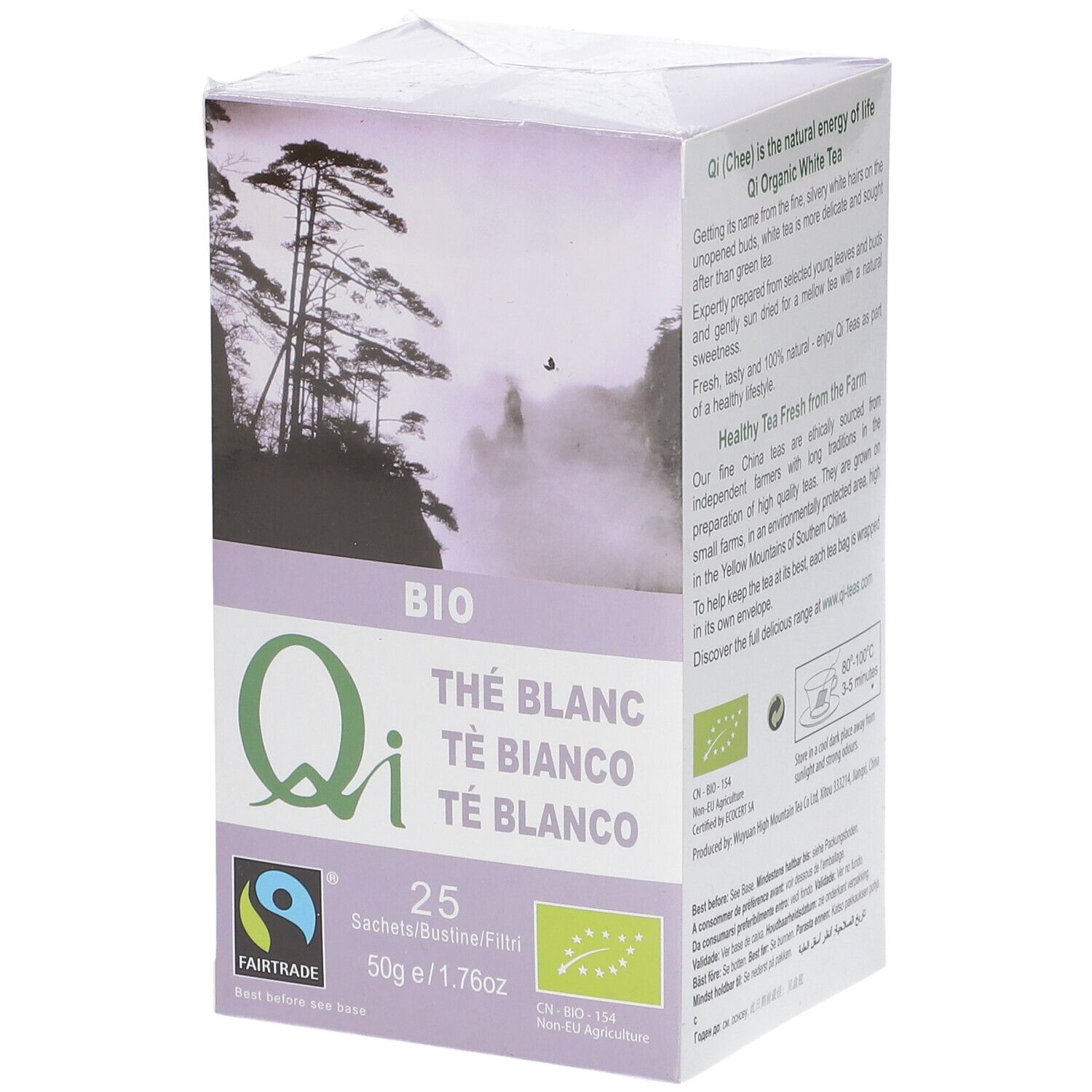 Boîte de Qi Thé Blanc. Inscriptions : BIO, label Fairtrade, 25 sachets, 50g/1.76oz. Image d'un paysage.