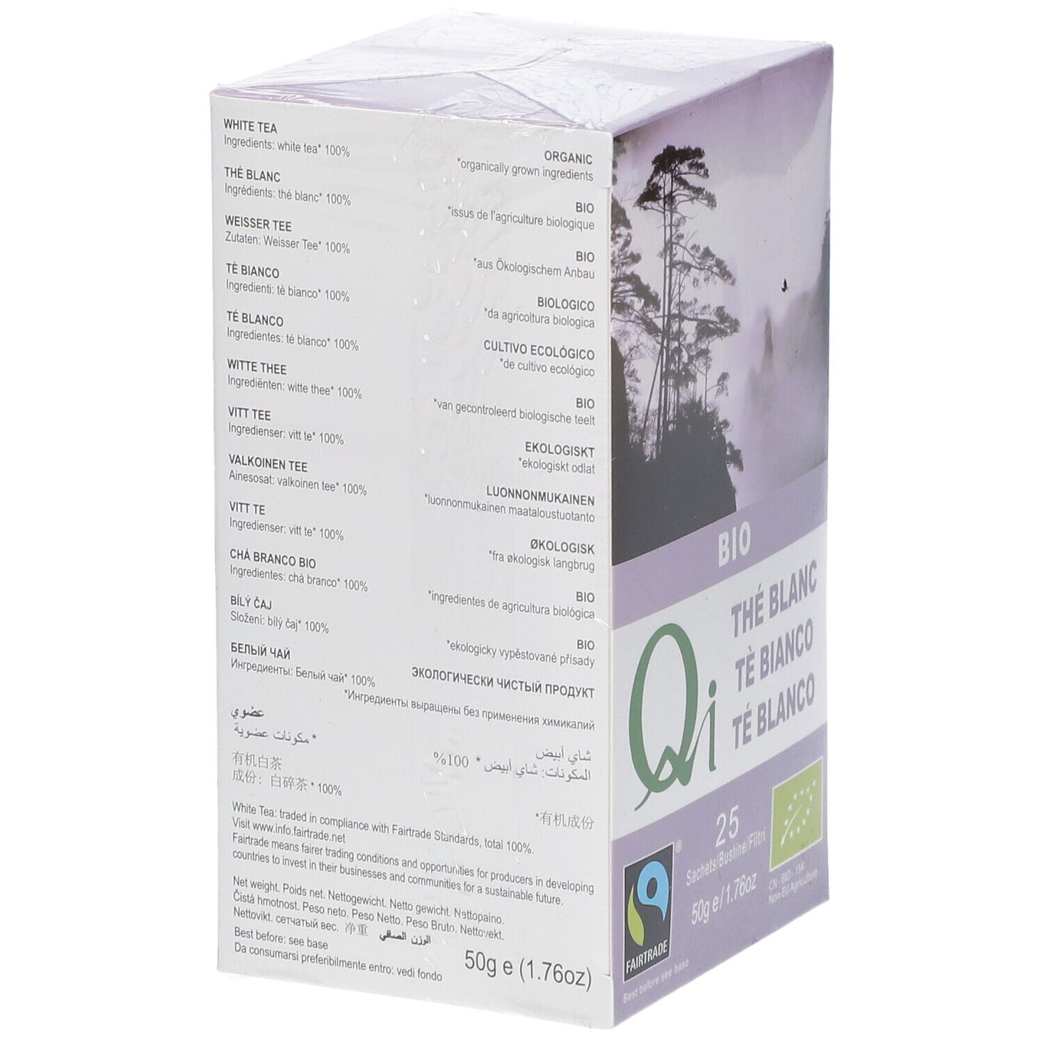 Dos de la boîte Qi Thé Blanc. Texte multilingue. Label BIO. Label Fairtrade. 25 sachets, 50g/1.76oz.