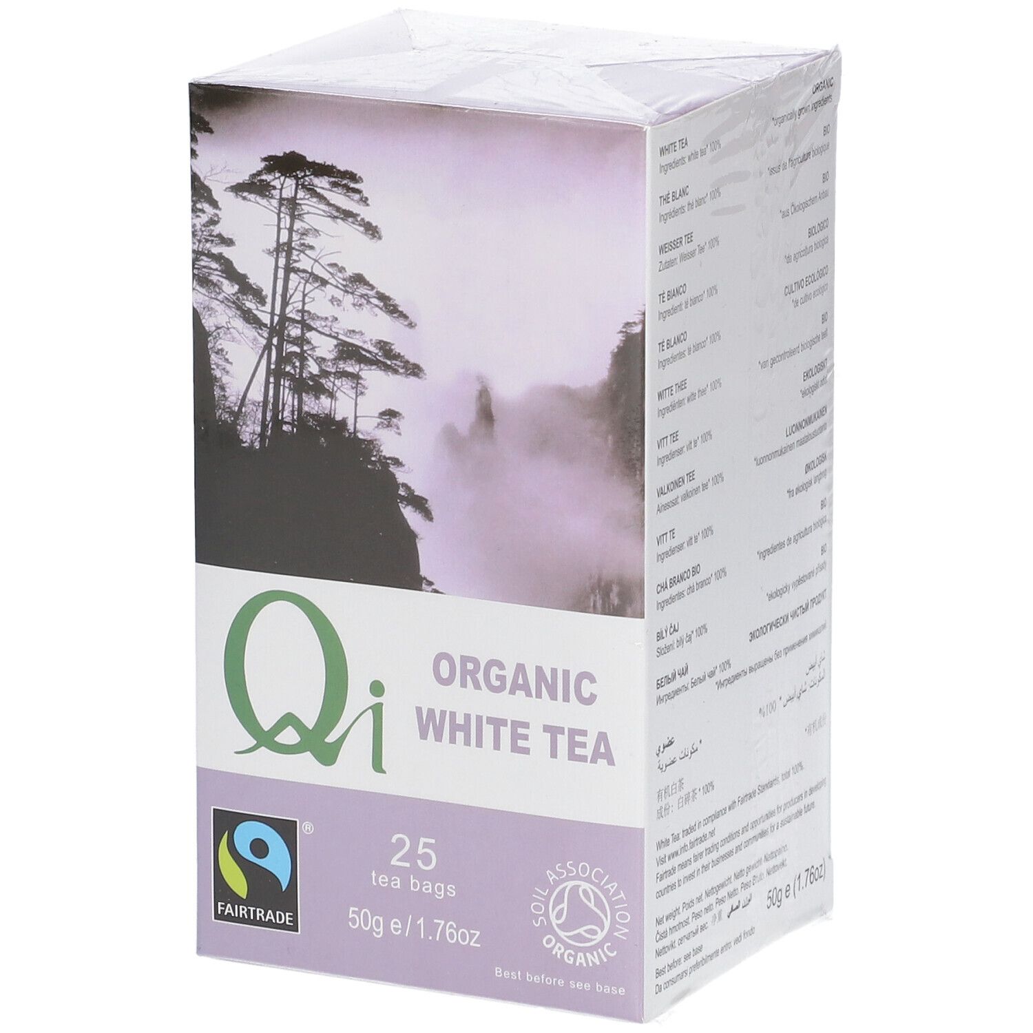 Boîte de Qi Thé Blanc. Inscriptions : ORGANIC WHITE TEA, 25 sachets, 50g/1.76oz. Label bio. Label Fairtrade. Paysage.