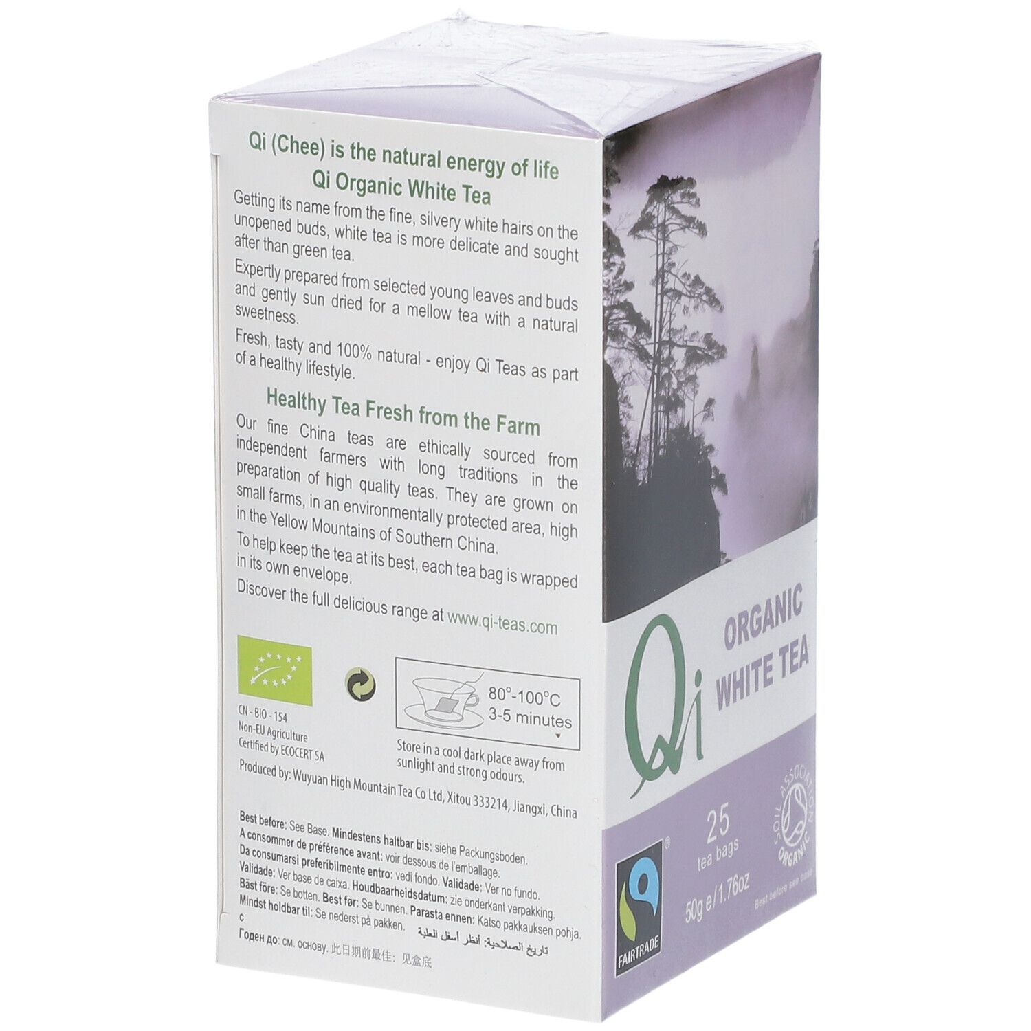 Boîte Qi Thé Blanc, détail. Texte sur le produit. Label BIO. Label Fairtrade. 25 sachets, 50g/1.76oz.