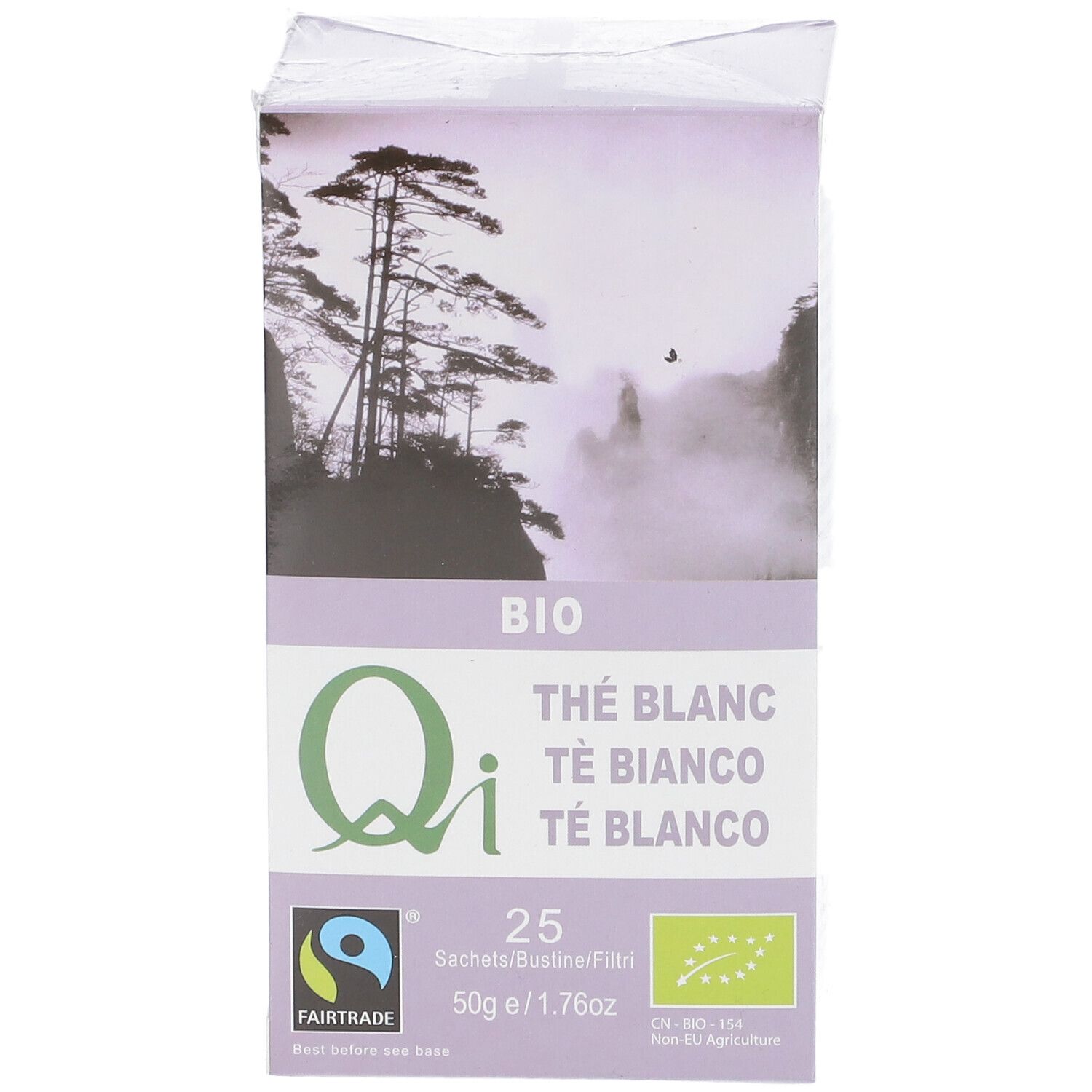 Boîte Qi Thé Blanc. Inscriptions : BIO, Thé Blanc, 25 sachets, 50g/1.76oz. Label Fairtrade. Paysage.