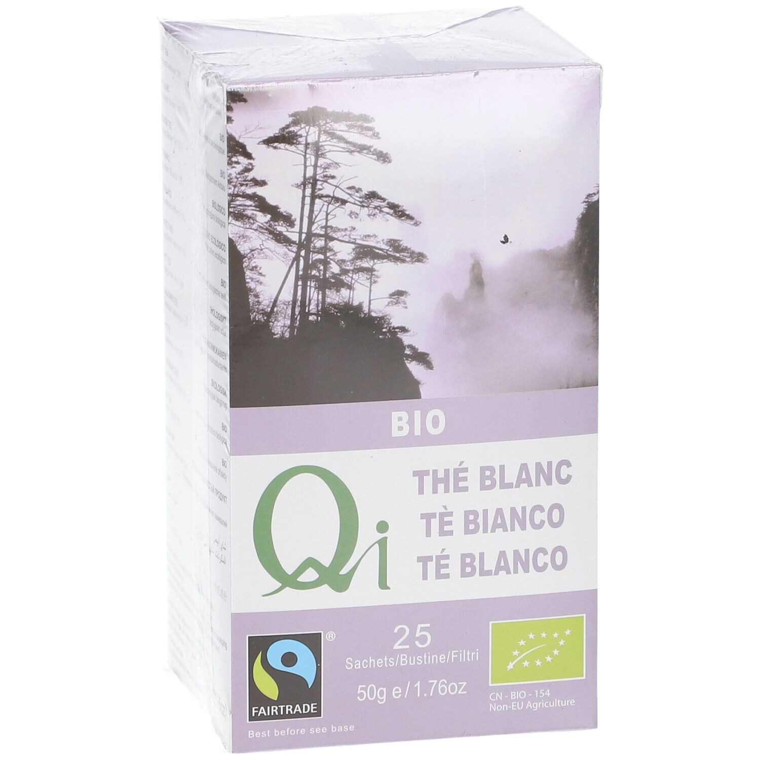 Boîte Qi Thé Blanc. Inscriptions : BIO, Thé Blanc, 25 sachets, 50g/1.76oz. Paysage.