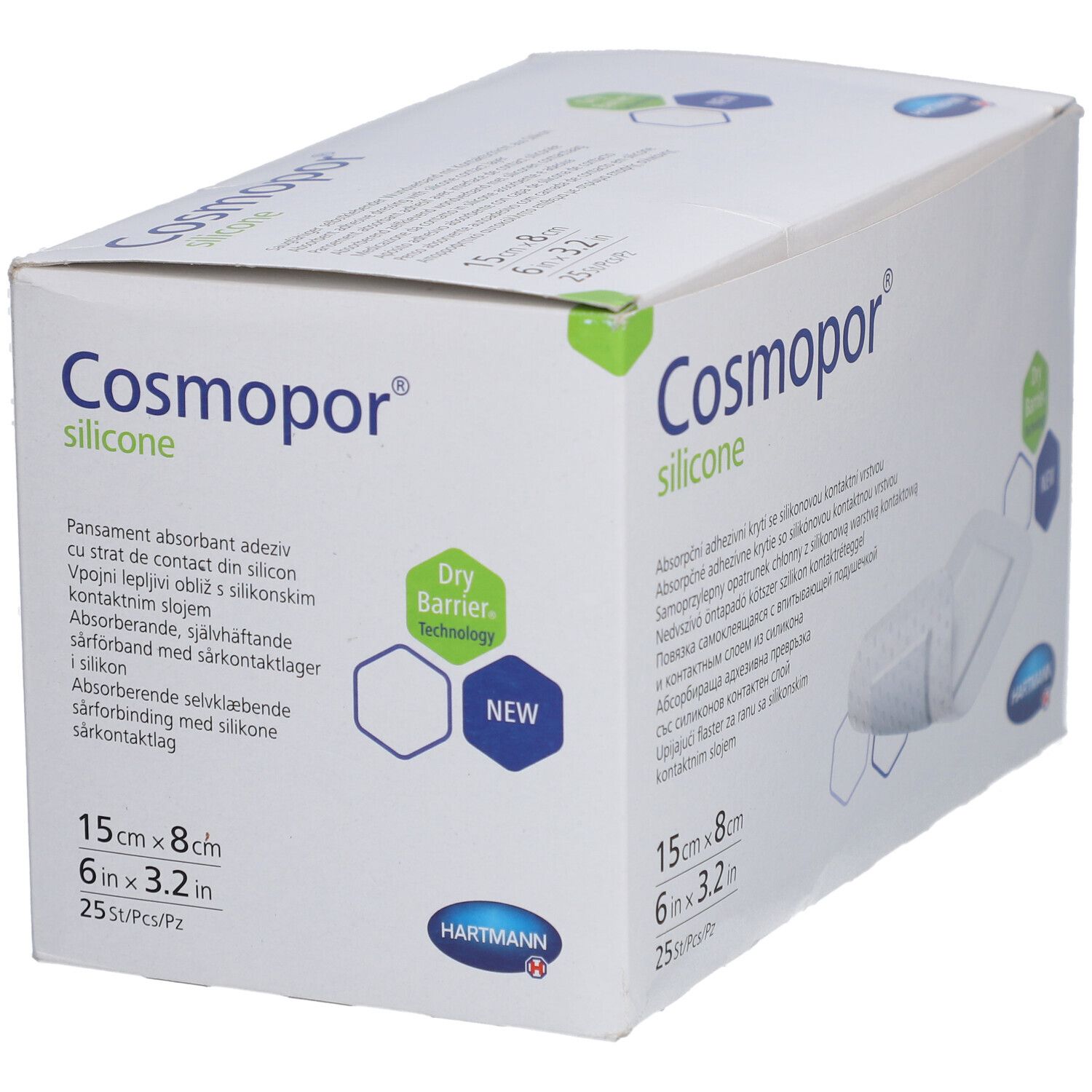 Boîte Cosmopor® Silicone. Informations, logo et dimensions : 15x8cm. 'Dry Barrier Technology' et 'NEW'.