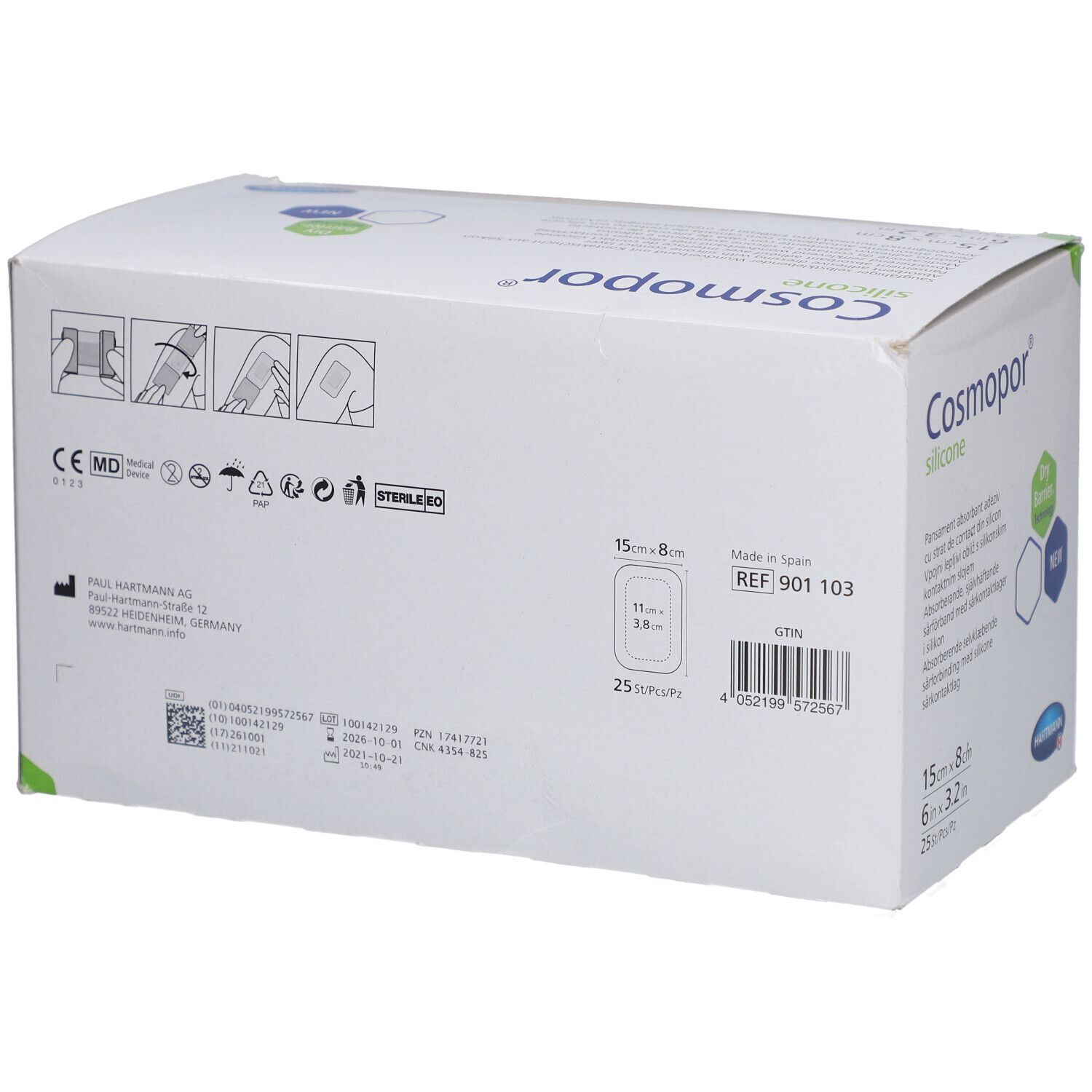 Dos de la boîte Cosmopor® Silicone. Informations, logo, dimensions : 15x8cm. Marquage Stérile.
