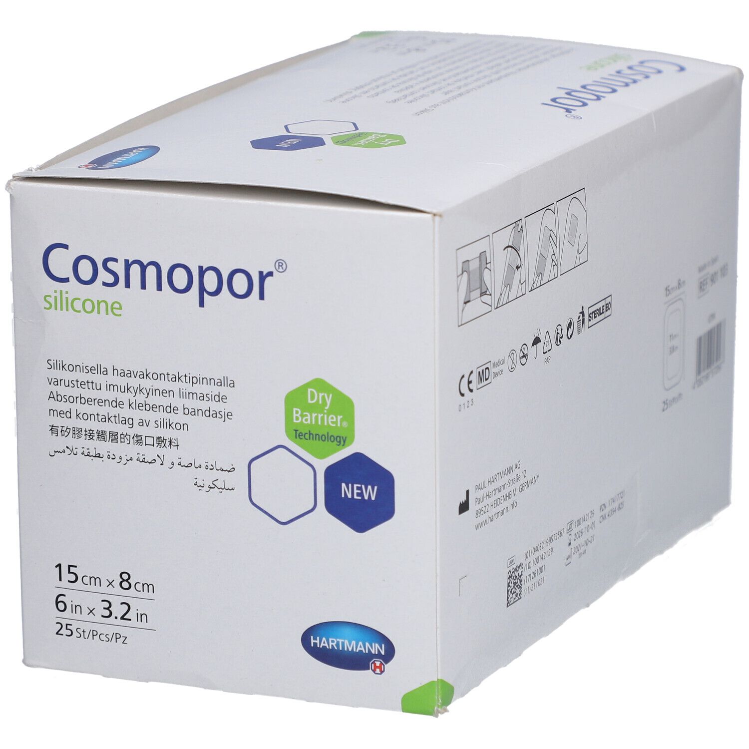 Boîte Cosmopor® Silicone. Informations, logo et dimensions : 15x8cm. 'Dry Barrier Technology' et 'NEW'.