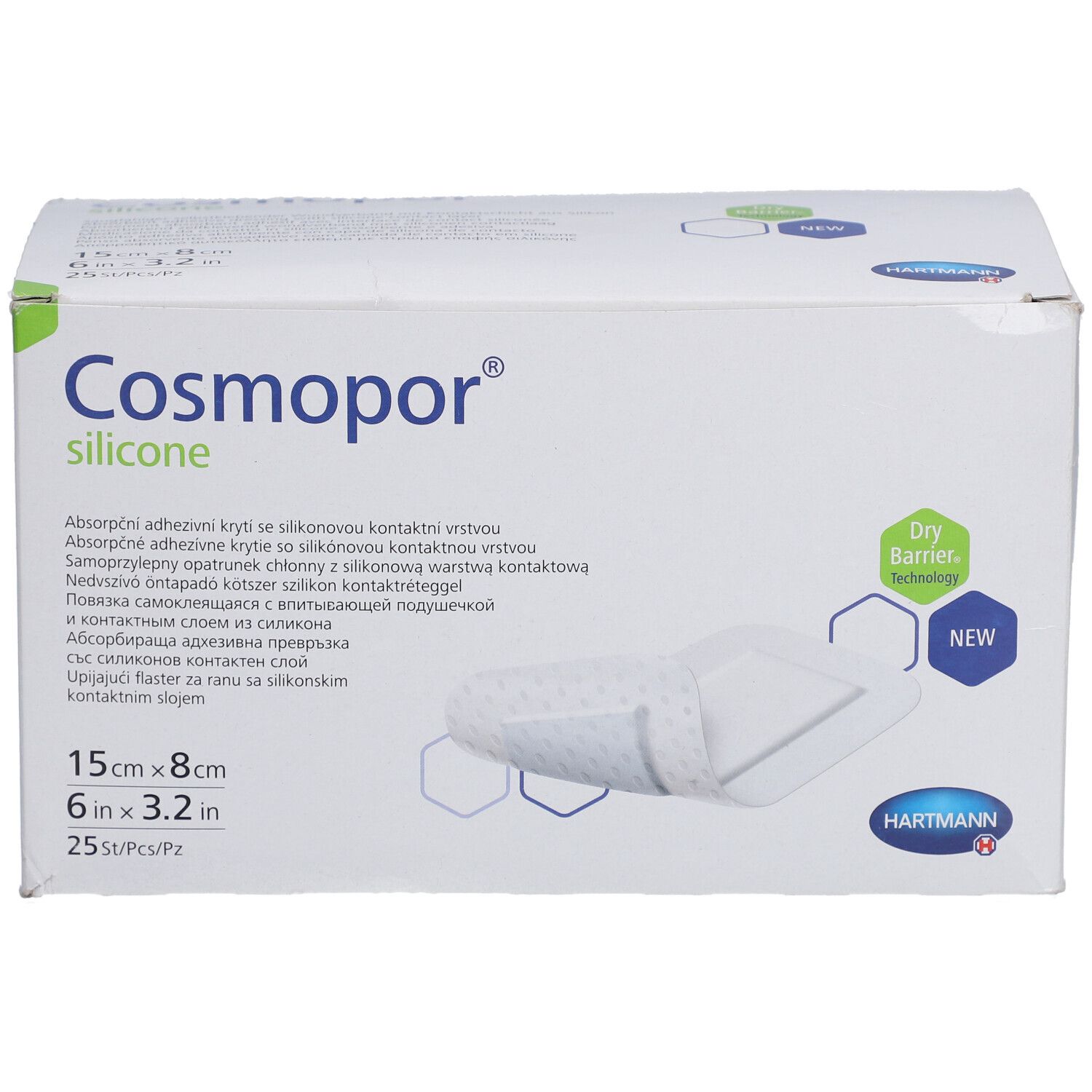 Boîte Cosmopor® Silicone. Informations, logo et dimensions : 15x8cm. 'Dry Barrier Technology' et 'NEW'.