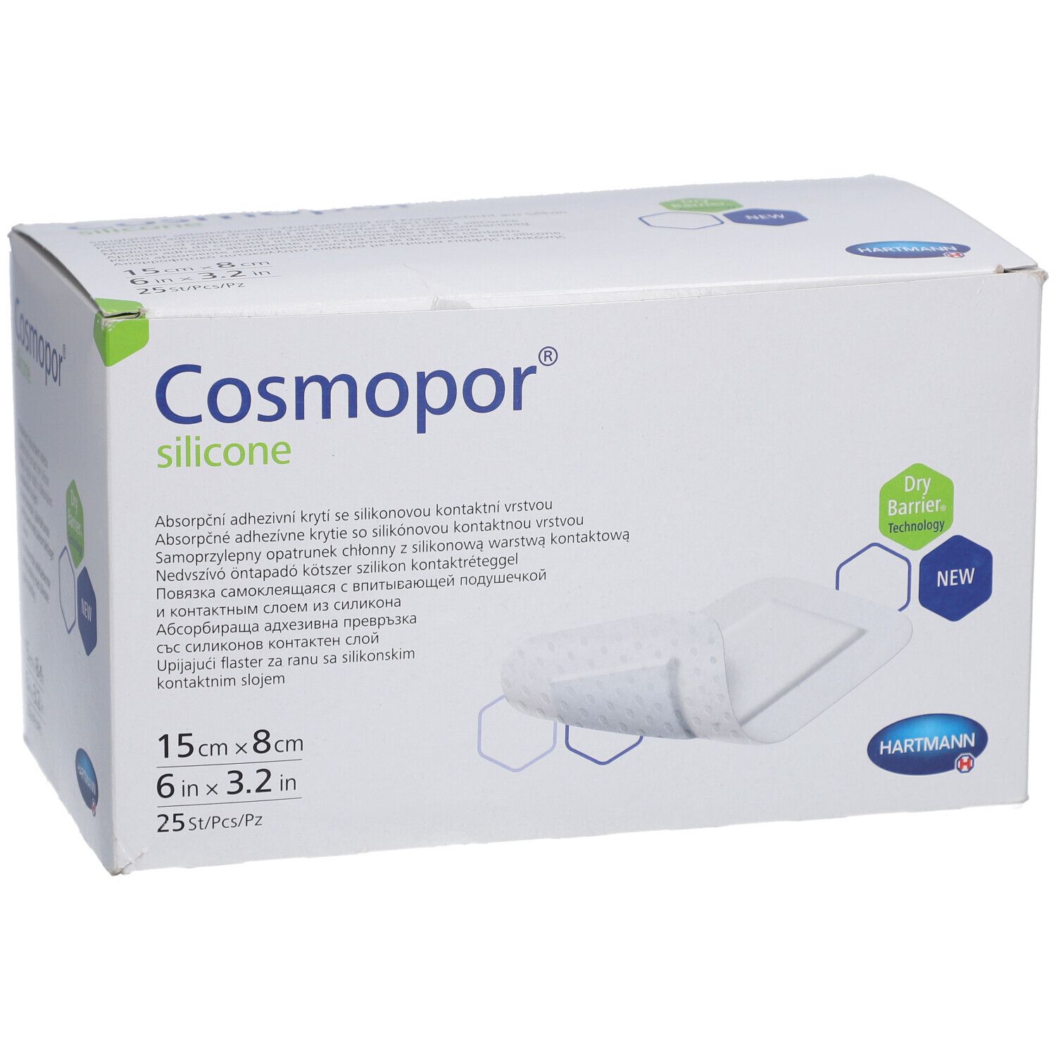 Boîte Cosmopor® Silicone. Informations, logo et dimensions : 15x8cm. 'Dry Barrier Technology' et 'NEW'.