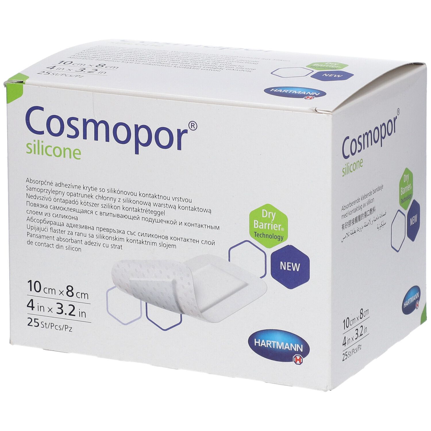 Boîte de Cosmopor® silicone, 10 x 8 cm, 25 pièces. Technologie Dry Barrier et logo Hartmann.