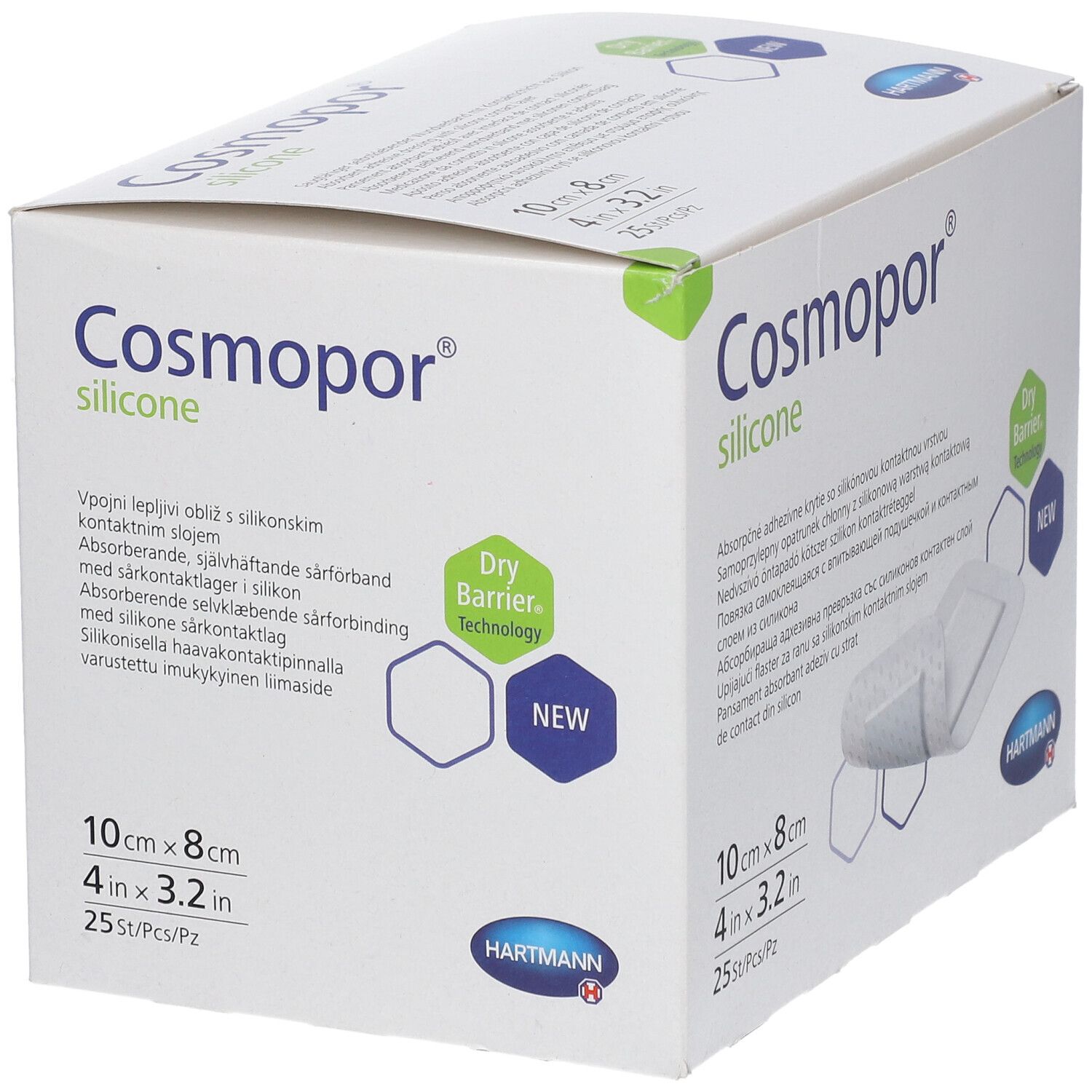 Boîte de Cosmopor® silicone, 10 x 8 cm, 25 pièces. Technologie Dry Barrier et logo Hartmann.