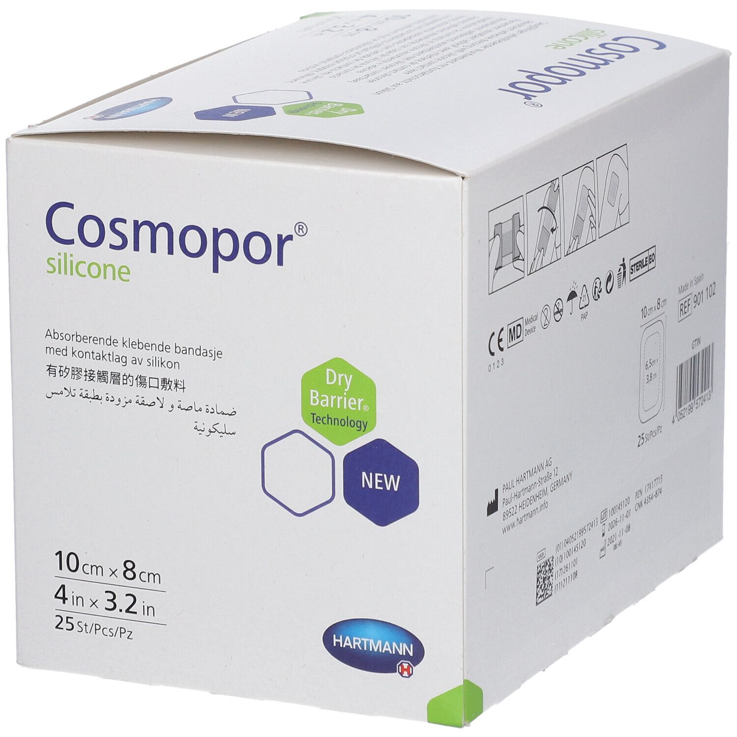 Boîte de Cosmopor® silicone, 10 x 8 cm, 25 pièces. Technologie Dry Barrier et logo Hartmann.